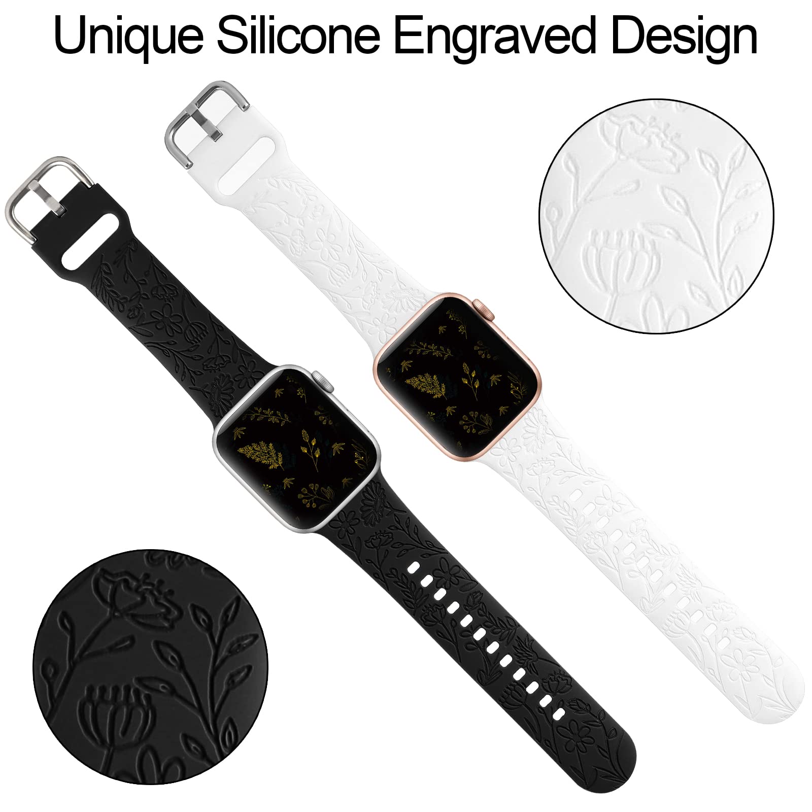 2 Pack Floral Engraved Sport Strap for Apple Watch 38mm 40mm 41mm - Soft Silicone Wristband Compatible with iWatch Series 8/7/6/5/4/3/2/1/SE - Women's Fashion Accessory for Workout, Running & Daily Wear