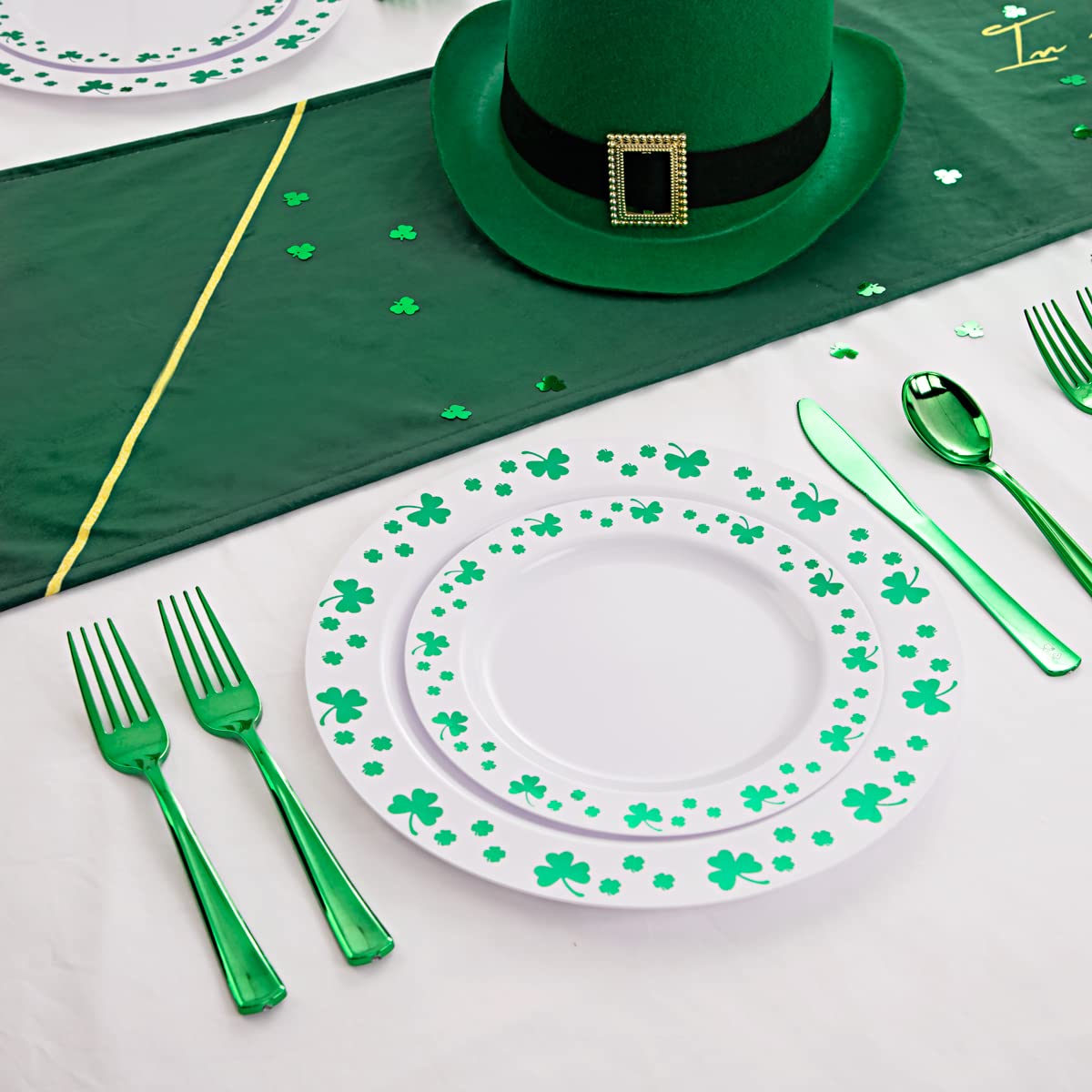 125pcs St. Patrick’s Day Plastic Plates with Shamrock Clover & Disposable Silverware Set - Premium White & Green Plastic Dinnerware for Wedding, Party, Holiday Celebration - Perfect for St. Patrick’s Day Festivities, Irish Themed Events & Family Gatherings