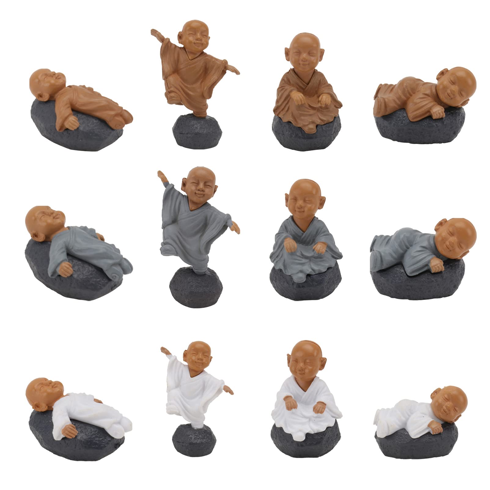 12pcs Ceramic Smiling Buddha Statues - Monk Landscape Ornaments for Terrarium, Fish Tank, Cake Decor, Car Dashboard & Outdoor Decor - Cartoon Buddha Figurines for Home, Garden & Office Decorations