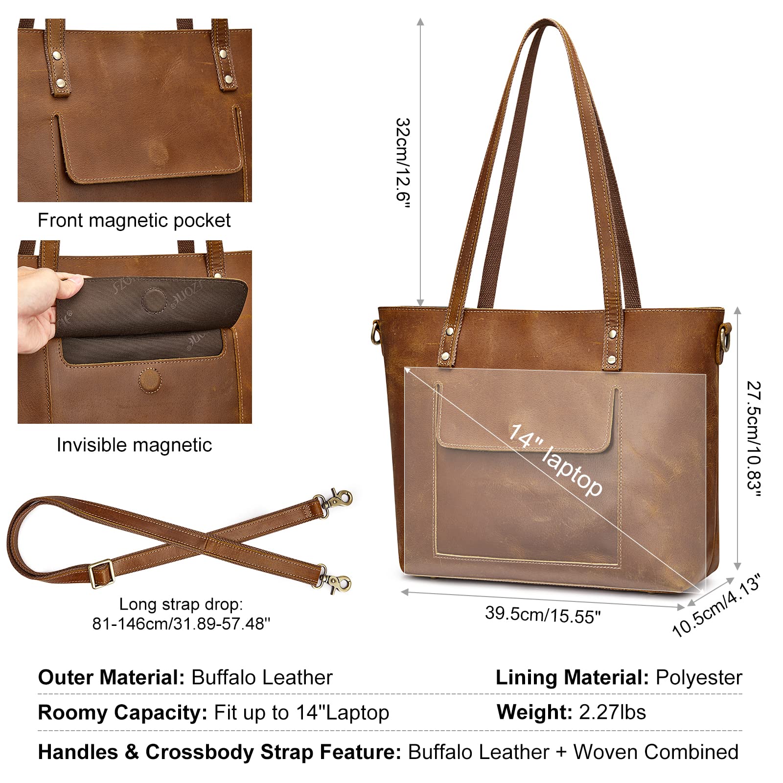 S-ZONE Women's Genuine Leather Tote Bag Set with Distressed Shoulder Bucket Purse - Stylish Handbag Bundle for Work, Travel & Everyday Use