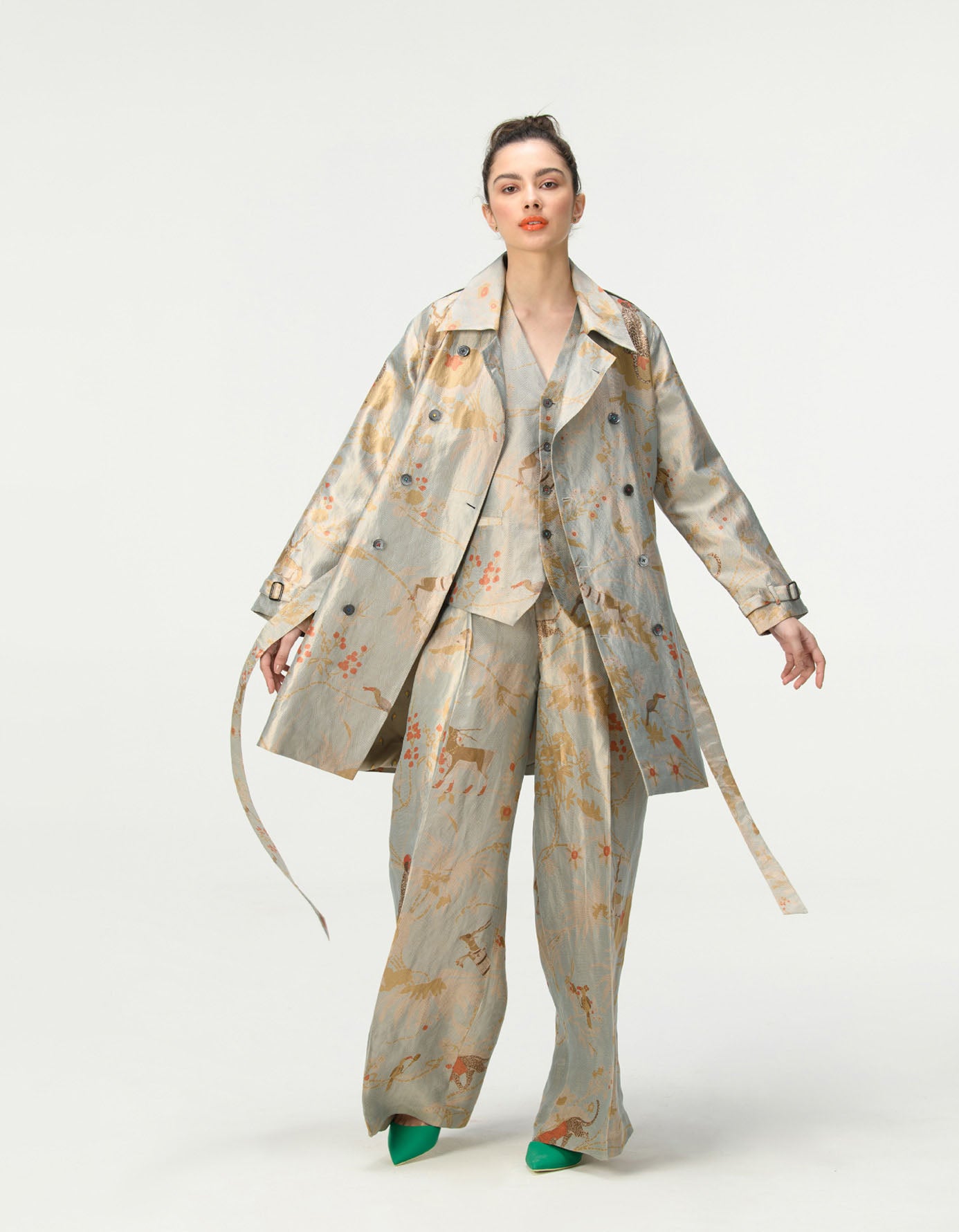 Elegant Ice Blue Silk Brocade Trench Coat - Vintage Inspired Women's Outerwear for Formal Events & Evening Occasions
