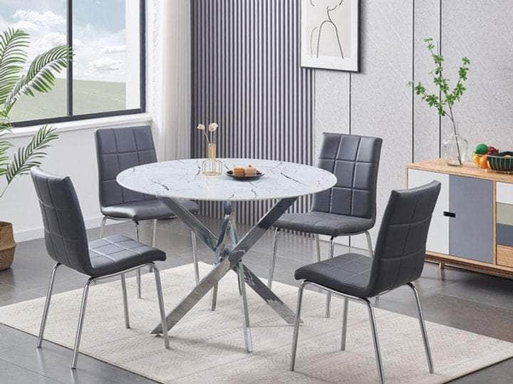 Wabana 5-Piece Round Tempered White Marble Glass Dining Table Set with Chrome Legs - 3 Color Options | Modern Kitchen & Dining Room Furniture for Family Gatherings