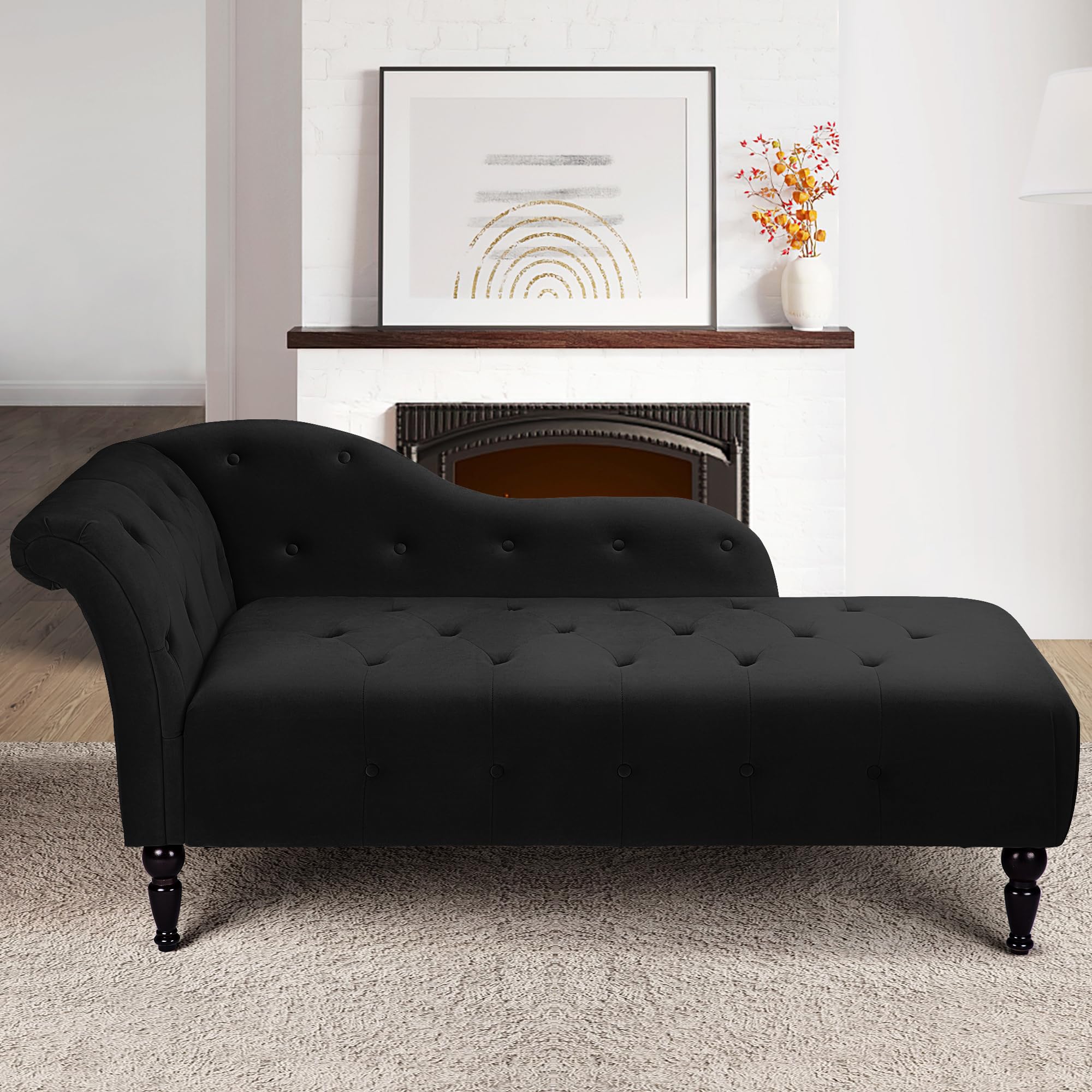 Modern Velvet Upholstered Lounge Chair with Left Armrest - Button Tufted Chaise Sofa for Bedroom, Living Room & Office - Black | Comfortable Seating for Relaxation, Reading & Home Decor