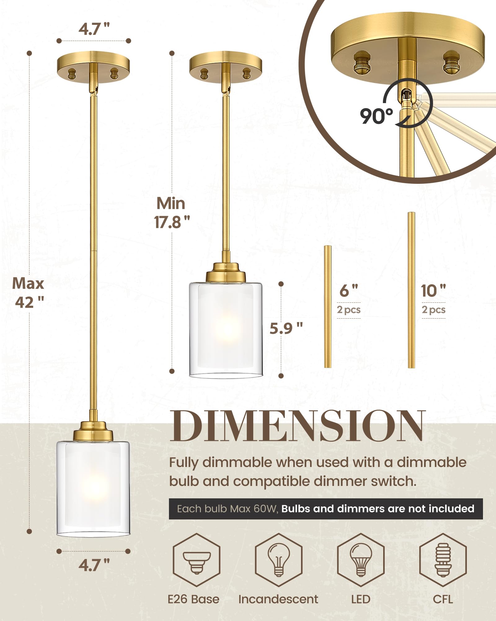 Modern Pendant Light 2-Pack - Brushed Gold Kitchen Island Lighting, Farmhouse Hanging Ceiling Fixture for Dining Room, Bedroom, Bar & Office (TXPLBG02-2PK) - Perfect for Modern Homes & Commercial Spaces