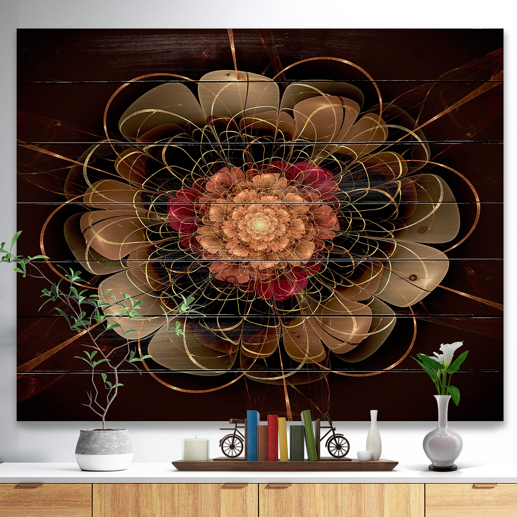 Dark Gold Red Fractal Flower Wood Wall Art - Coastal Nautical Decor - Large Floral Printed Pine Wood Panels for Living Room, Bedroom & Office Wall Decor