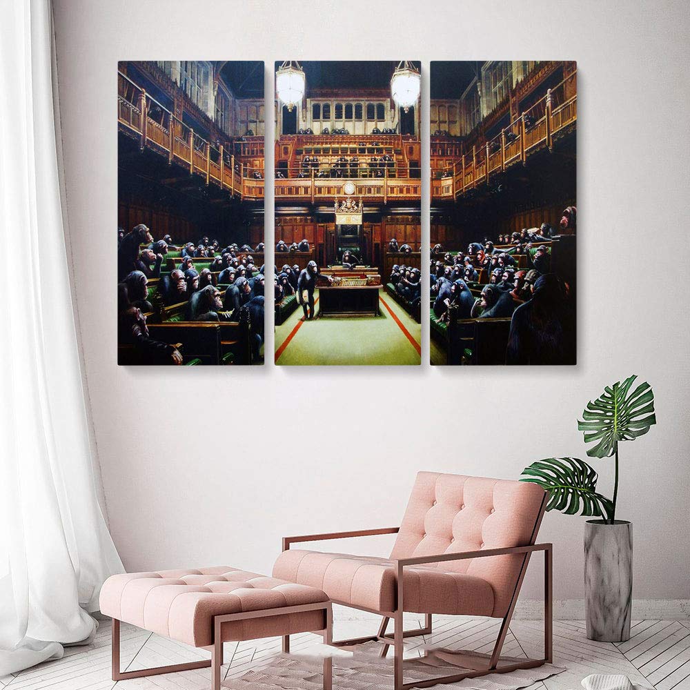 Banksy Canvas Wall Art - 'AWESOMETIK' Chimps Houses of Parliament Print, Ready to Hang, 3-Piece Set, Made in USA | Modern Home Decor, Office Wall Art, Gift for Art Lovers