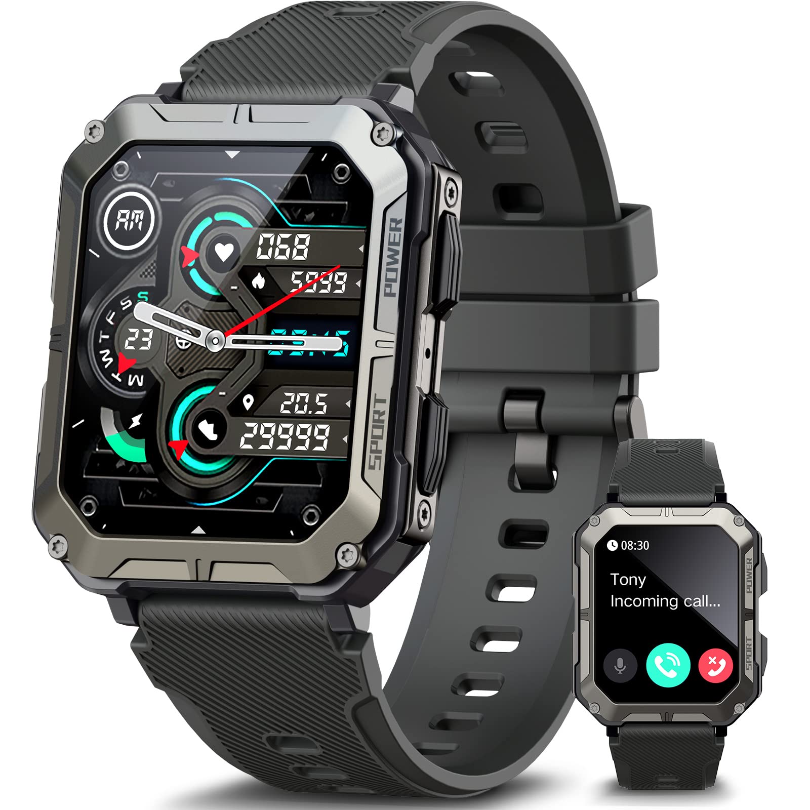Military Rugged Smartwatch for Men - IP68 Waterproof Fitness Tracker with Call Function, 1.83