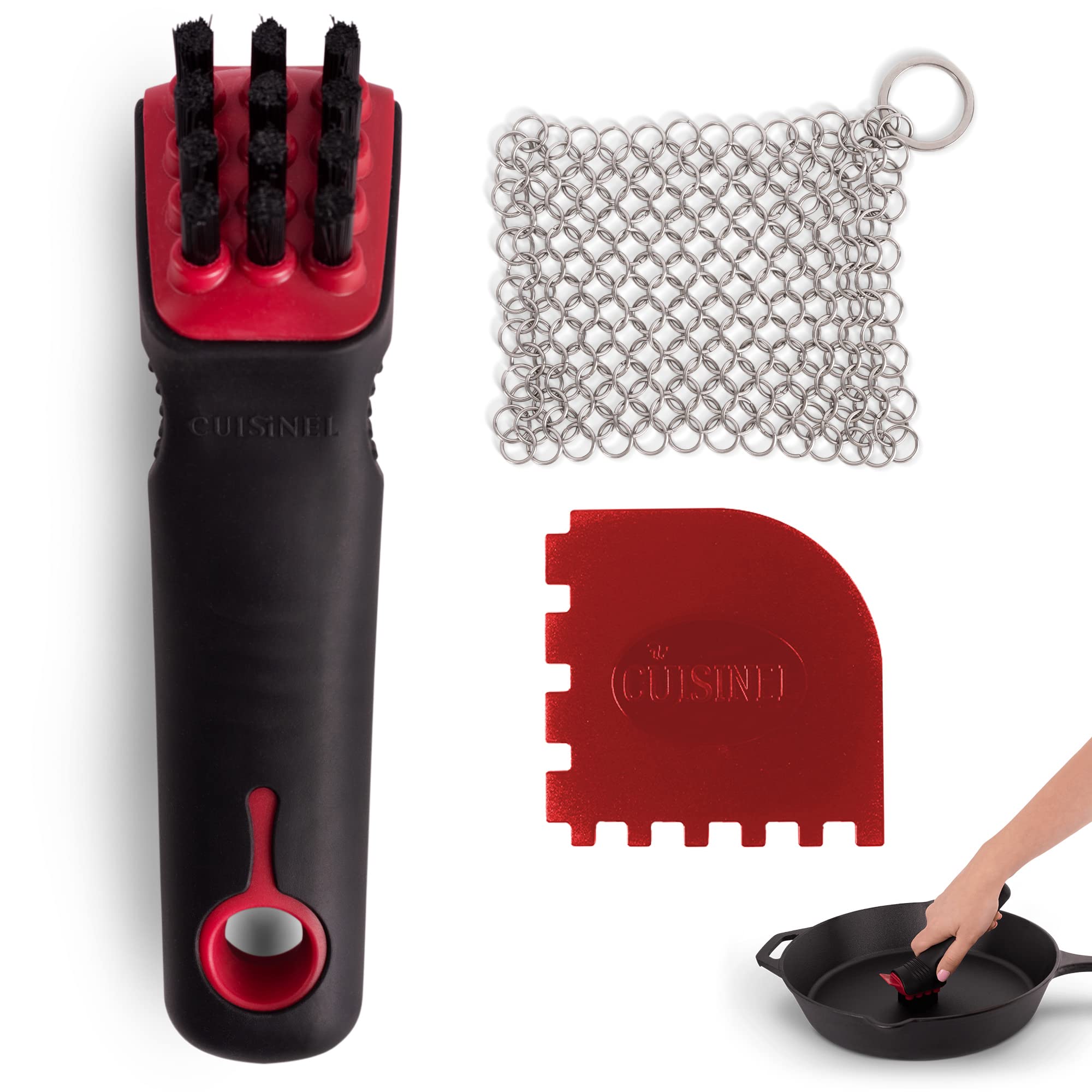 Cuisinel Cast Iron Scrubber Brush with Stainless Steel Chainmail & Pan Scraper - Heavy Duty Grill and Skillet Cleaner Kit - Non-Scratch Dish Scrub Tool for Tough Grease - Safe for Cookware - Perfect for Camping, Outdoor Cooking and Kitchen Cleaning