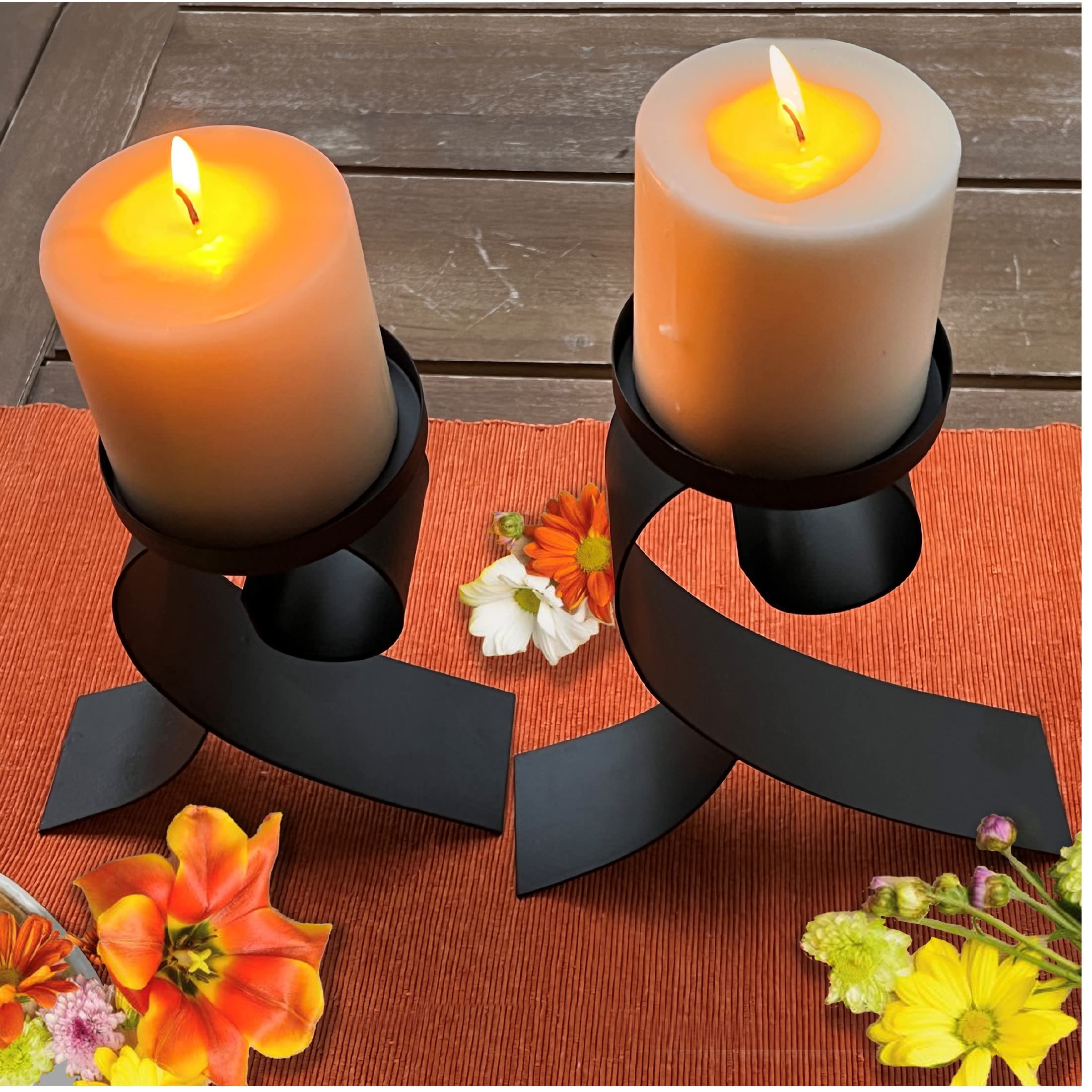 Lily’s Home Contemporary Scrollwork Pillar Candle Holders - Set of 2 Black Iron Candle Stands for Table Decor, Wedding Centerpieces & Home Decor - Steel Candle Holders (Candles Not Included)