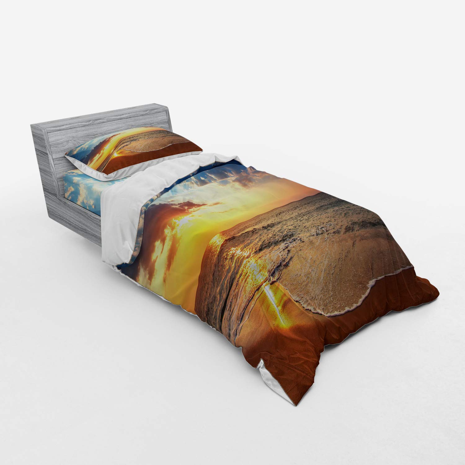 Ambesonne Ocean Bedding Set - 3 Piece Duvet Cover with Sham & Fitted Sheet, Twin Size, Blue Yellow Brown Cloudscape Design, Coastal Beach Theme for Honeymoon Travel & Nautical Bedroom Decor