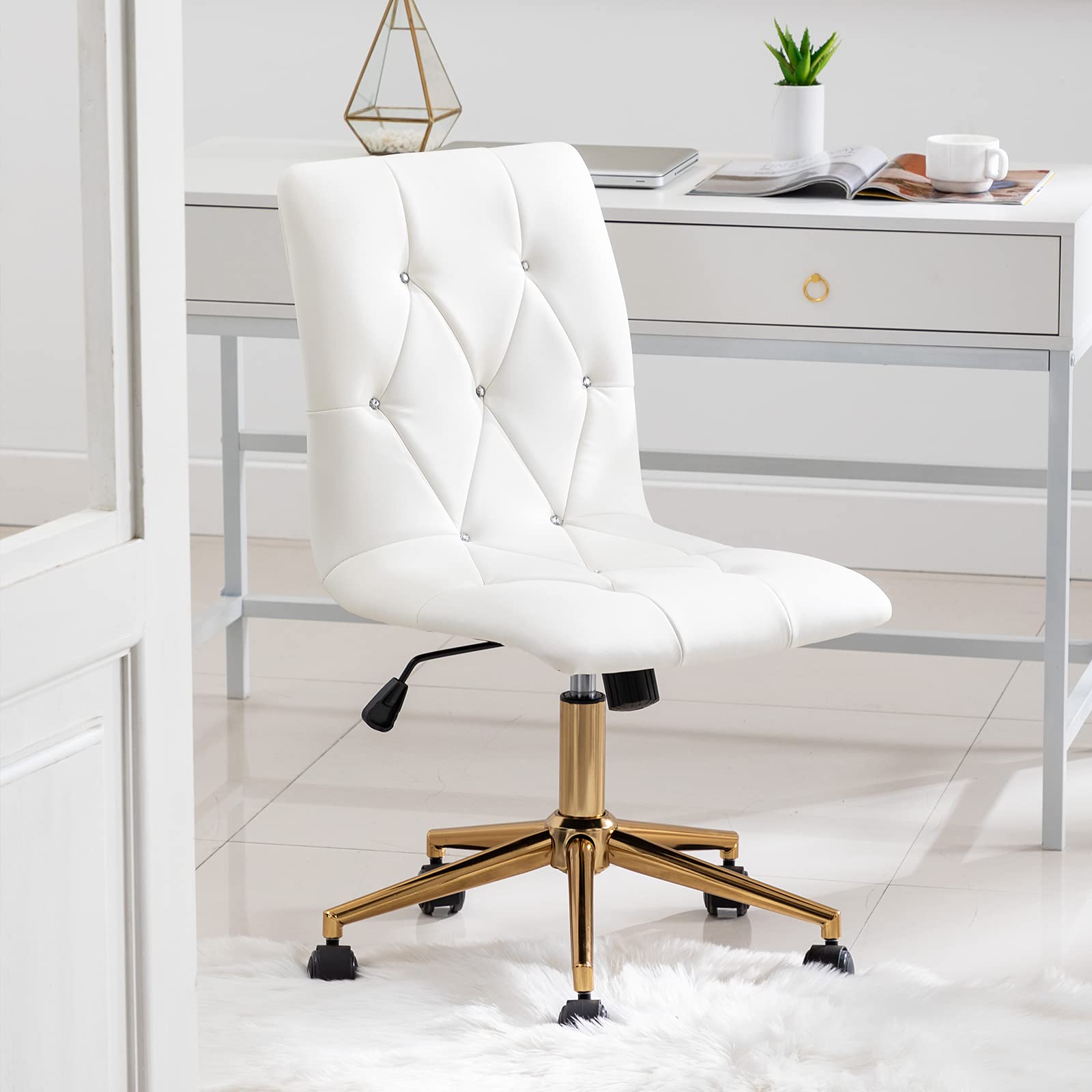 DUHOME Modern Home Office Chair - White PU Leather Desk Chair with Gold Base, Ergonomic Computer Task Chair with Wheels for Rolling Comfort, Armless Vanity Chair for Teens - Perfect for Study, Work, and Gaming Setup