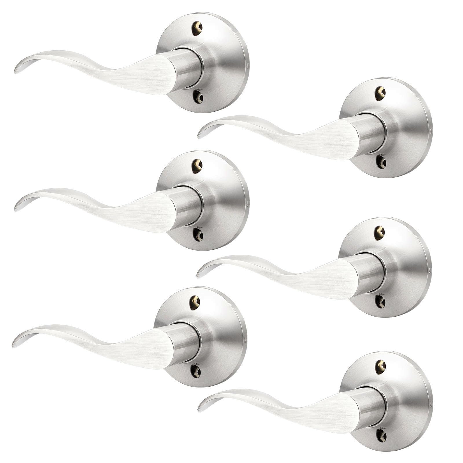 GobeKor 6 Pack Brushed Nickel Half Dummy Lever Door Handles - Left-Handed Non-Turning Interior Door Locks for Closet & French Doors - Perfect for Bedrooms, Bathrooms, and Home Office Spaces