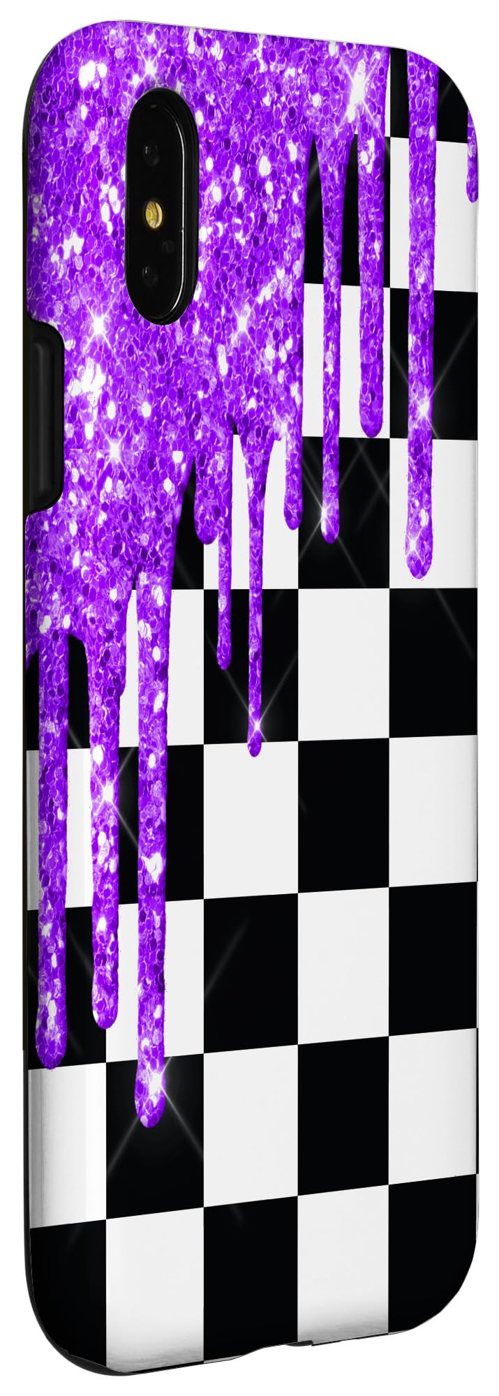 iPhone X/XS Checkered Black & White Purple Drips Checkerboard Phone Case - Trendy Protective Cover for Daily Use, Travel & Fashion Accessory