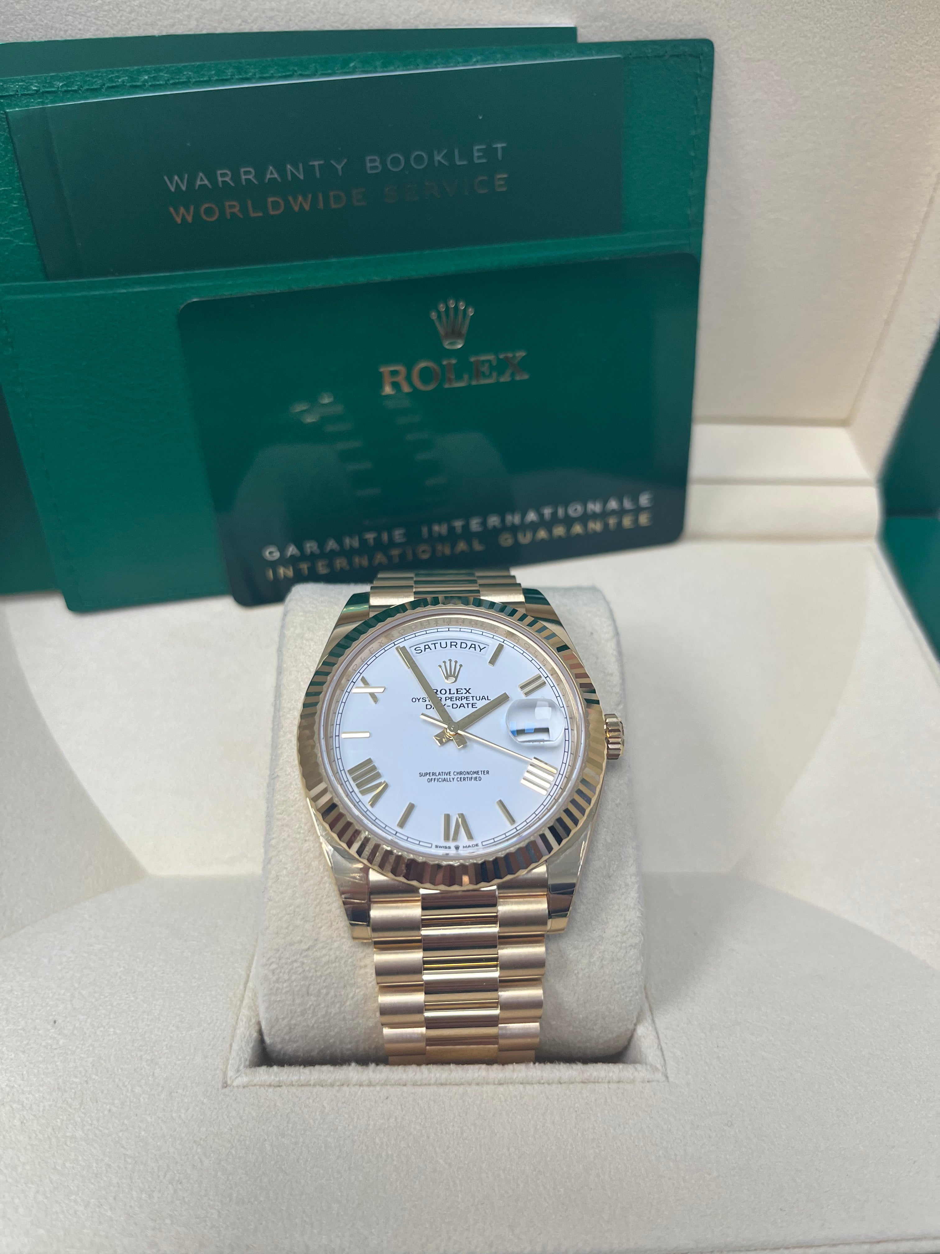 Rolex Day Date 40mm Men's Watch - 18K Yellow Gold, White Roman Dial, Fluted Bezel (Ref# 228238) | Luxury Dress Watch for Business & Formal Occasions