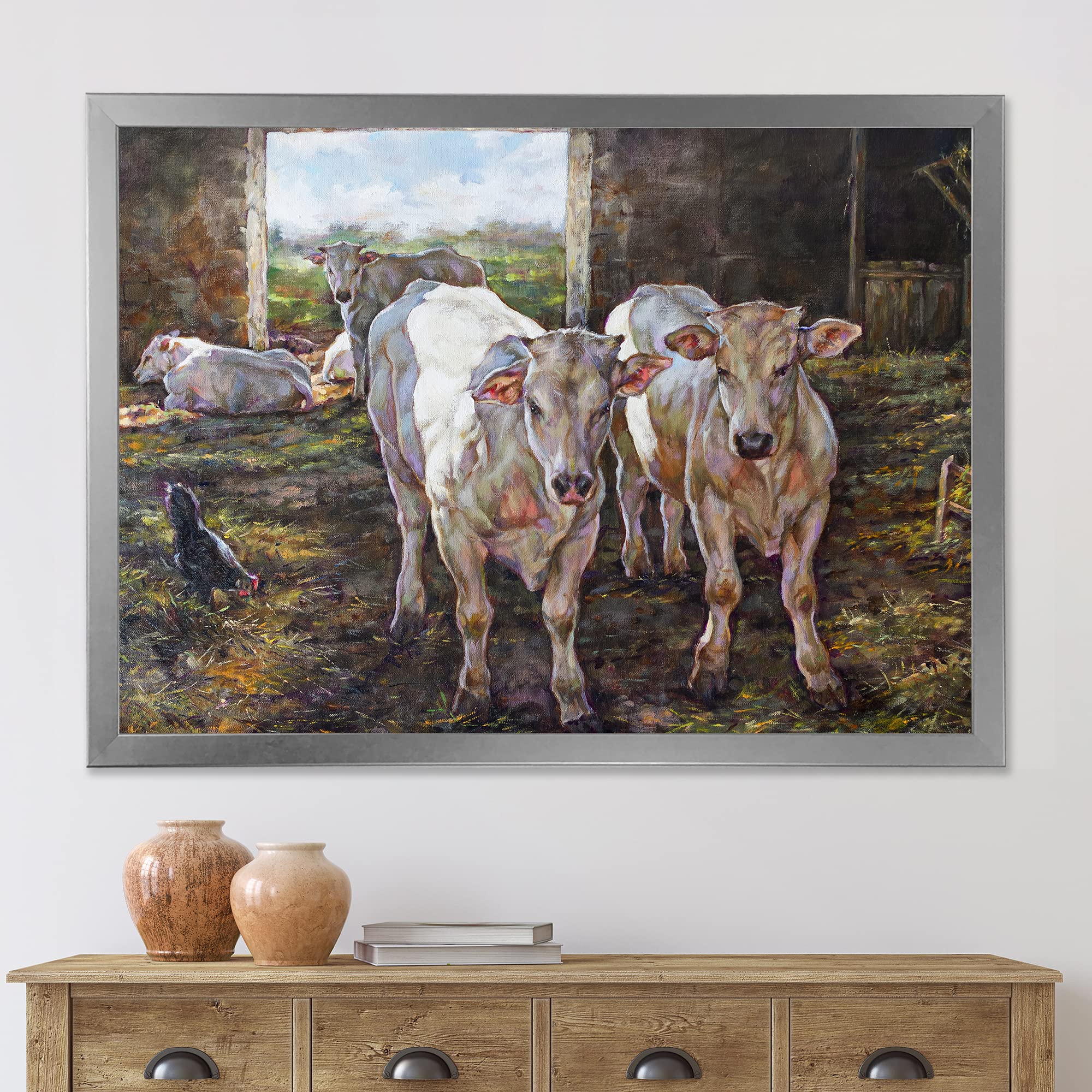 Two Cows in Stable Farmhouse Framed Wall Art - Rustic Countryside Decor for Living Room, Bedroom & Office