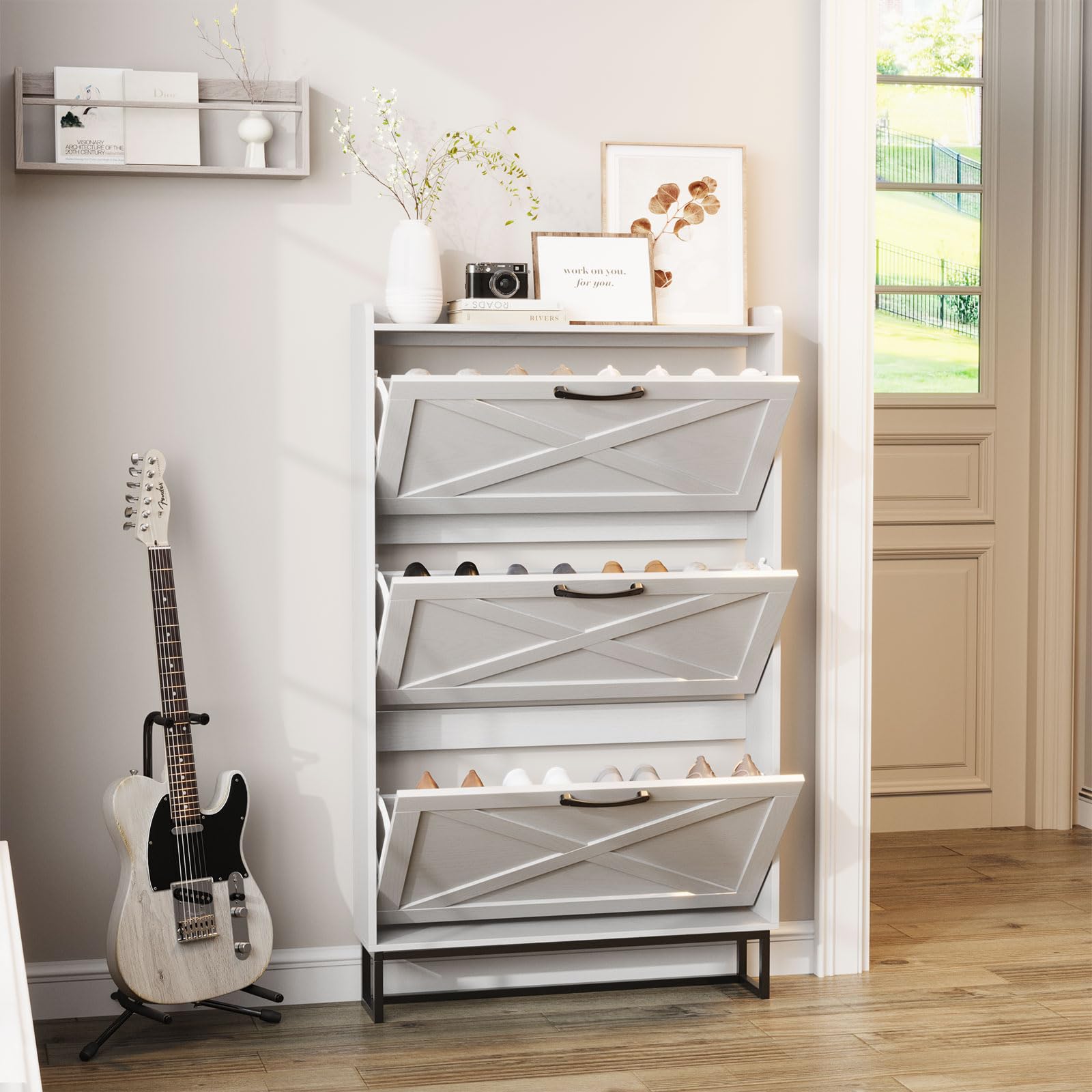 Maupvit Narrow Shoe Cabinet with 3 Flip Drawers - Slim Entryway Shoe Storage Organizer with Metal Legs, Farmhouse Style Free Standing Shoe Rack for Hallway, Living Room & Bedroom Organization