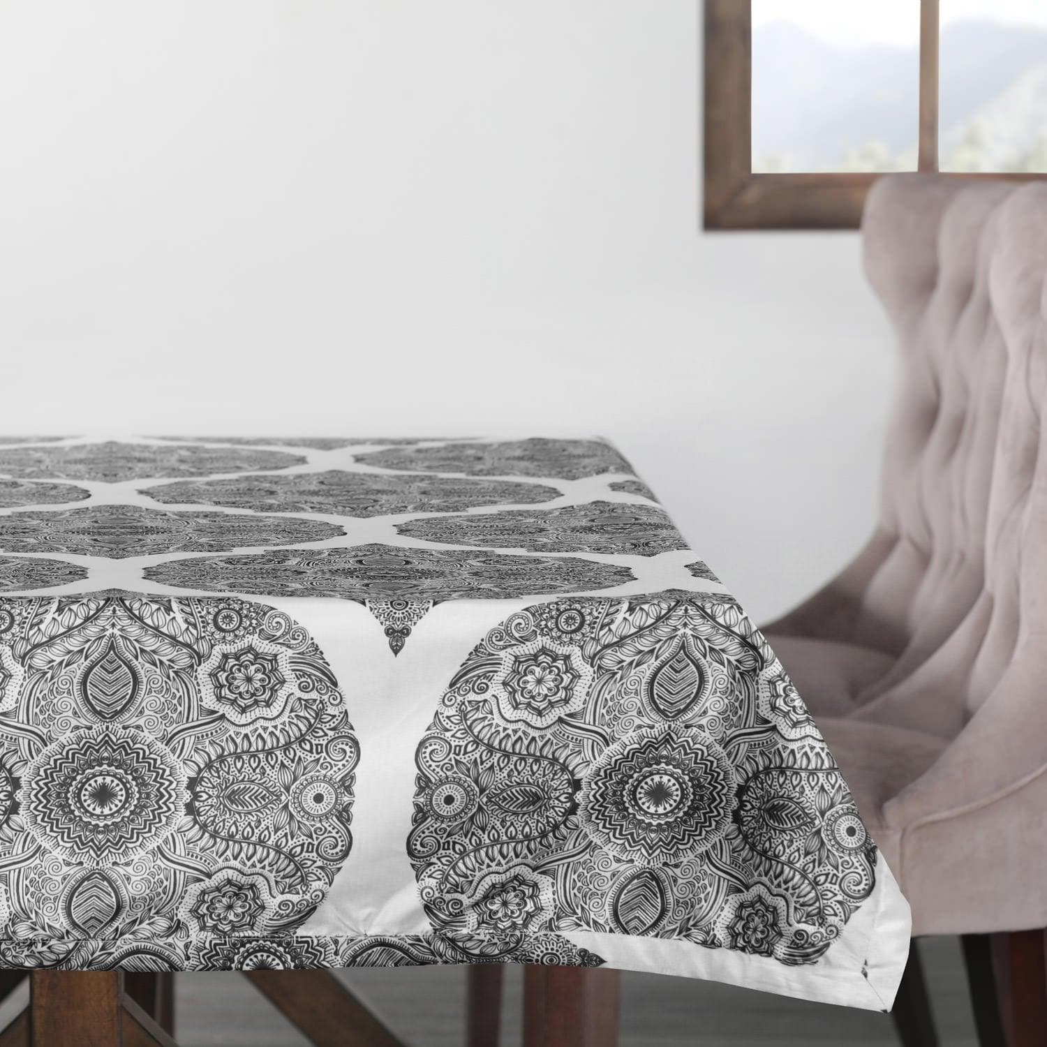 Royal Grey Emblem Designer Faux Silk Taffeta Outdoor Tablecloth - Waterproof & Wrinkle-Resistant Dining Table Cover for Patio, Garden, and Picnic Parties - Elegant Decor for Outdoor Entertaining