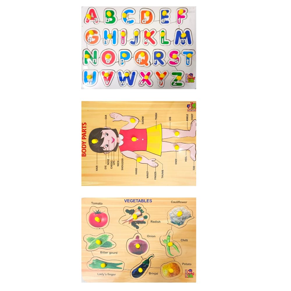 Wooden Learning Boards & Puzzles for Kids 3+ Years - Educational Toys Set with Shapes, Body Parts, Vegetables, Fruits, Numbers 1-20 & Alphabet (ABCD) - Perfect for Toddler Montessori Learning, Preschool Activities & Family Game Night