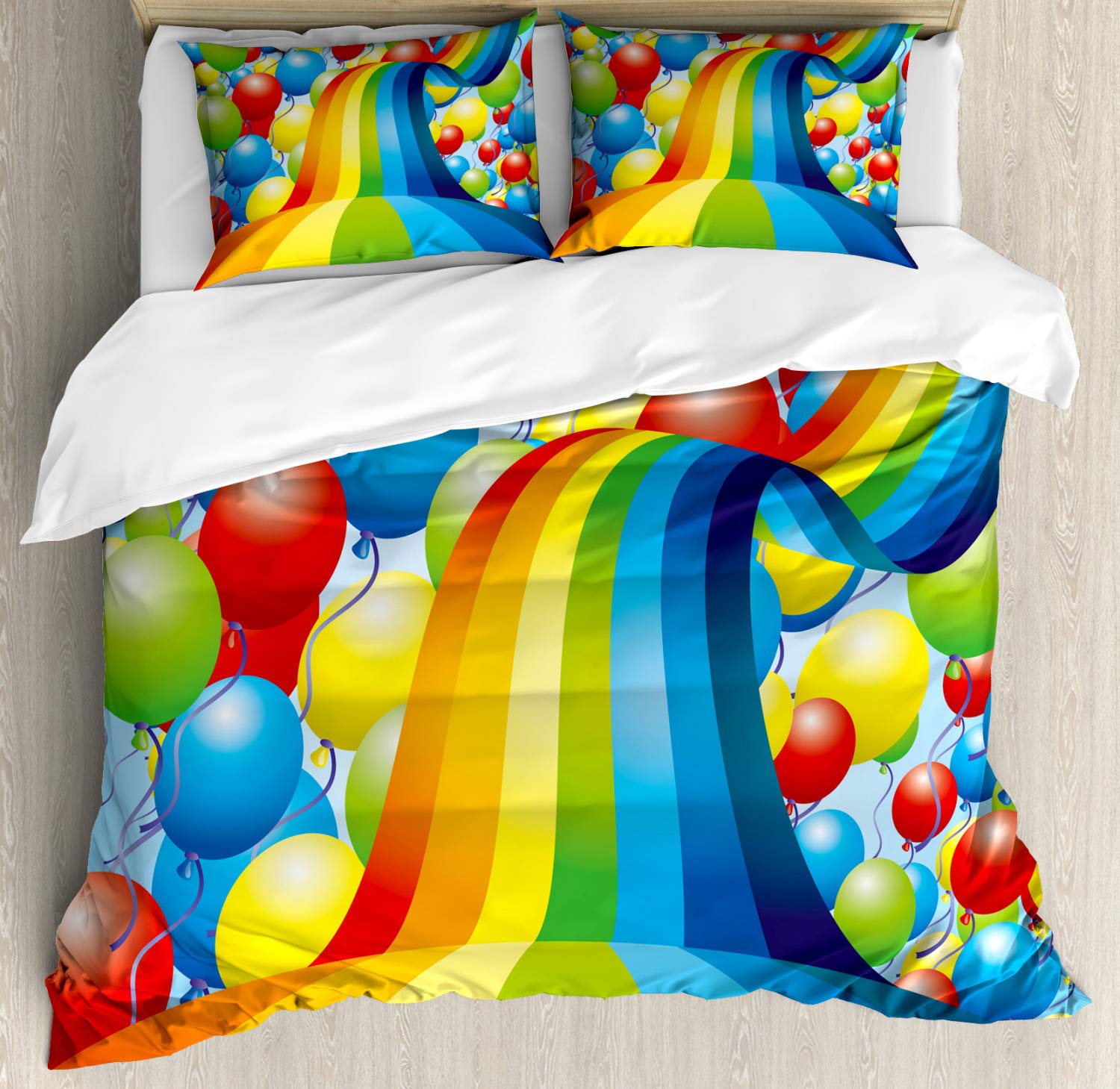 Ambesonne Vibrant Balloons & Wavy Rainbow Ribbons Duvet Cover Set - 3 Piece California King Bedding with 2 Pillow Shams, Colorful Birthday Celebration Decor for Special Events & Home Decor