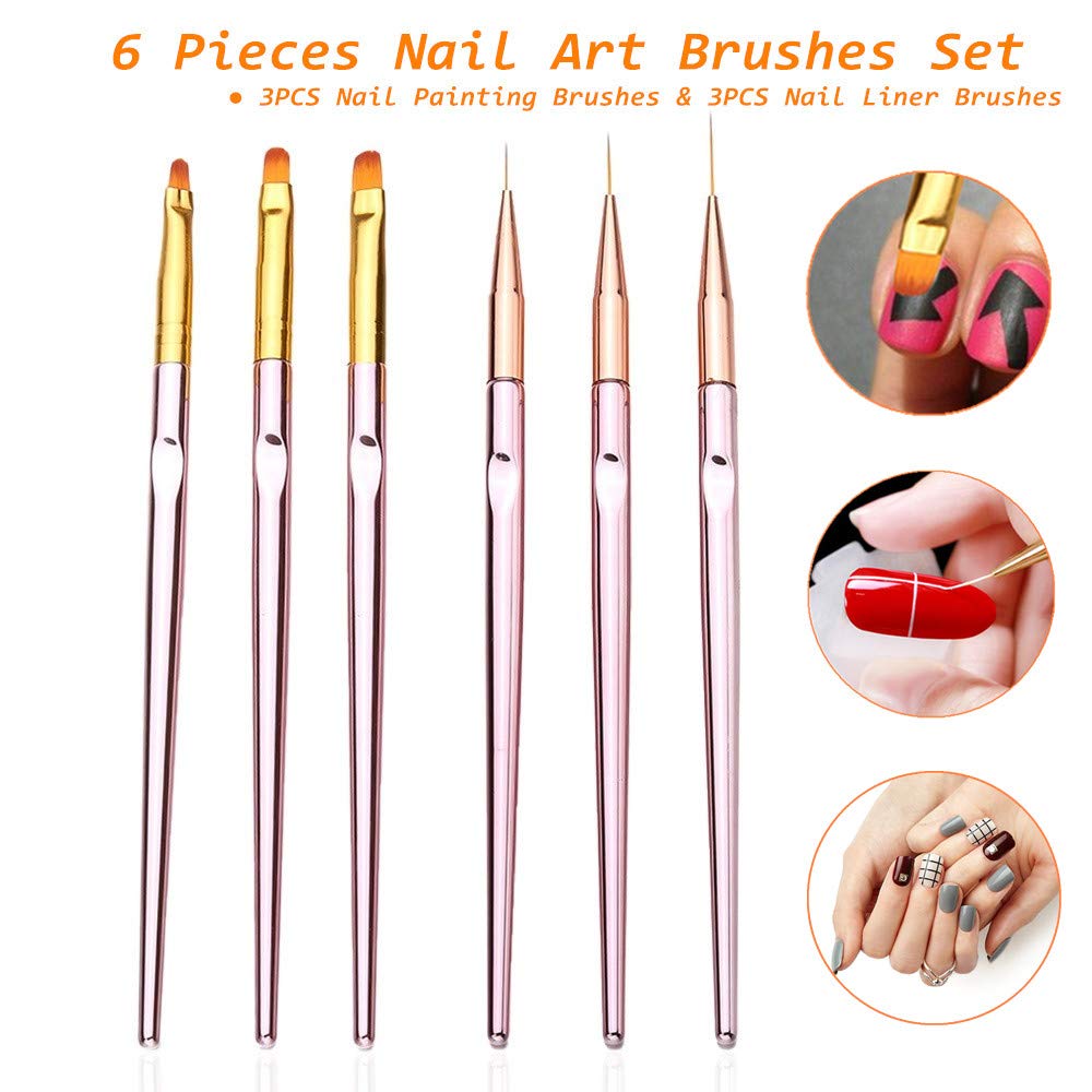 6PCS Nail Art Liner Brushes Set - Professional UV Gel & Acrylic Nail Art Painting Brushes with Rose Gold Handle for French Stripe Lines & Nail Design - Perfect for Salon, Home Manicure & DIY Nail Art
