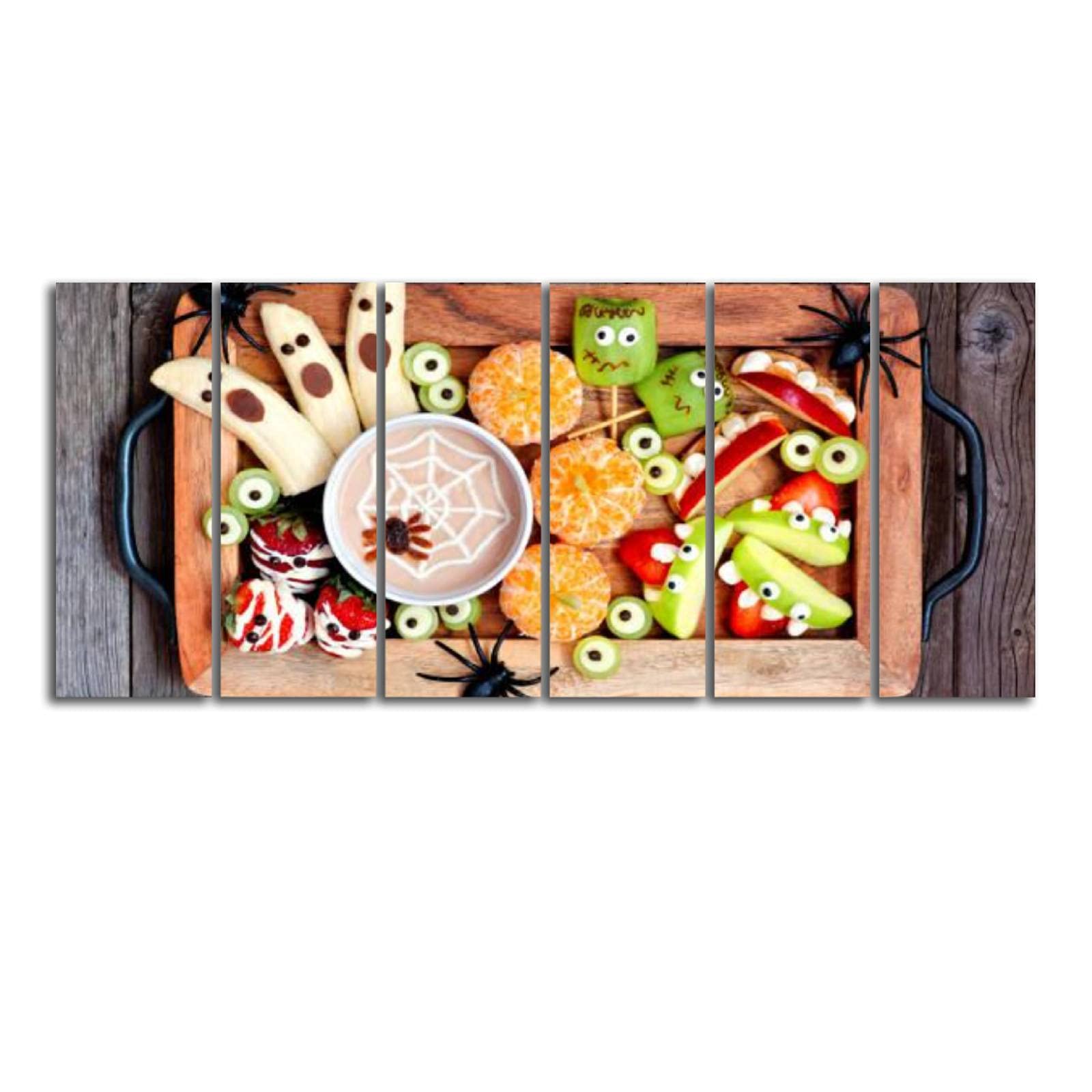 6 Panel Canvas Wall Art - Healthy Halloween Fruit Snacks Top View on Rustic Wood - Stretched & Framed Ready to Hang - Perfect for Living Room, Dining Room & Kitchen Decor