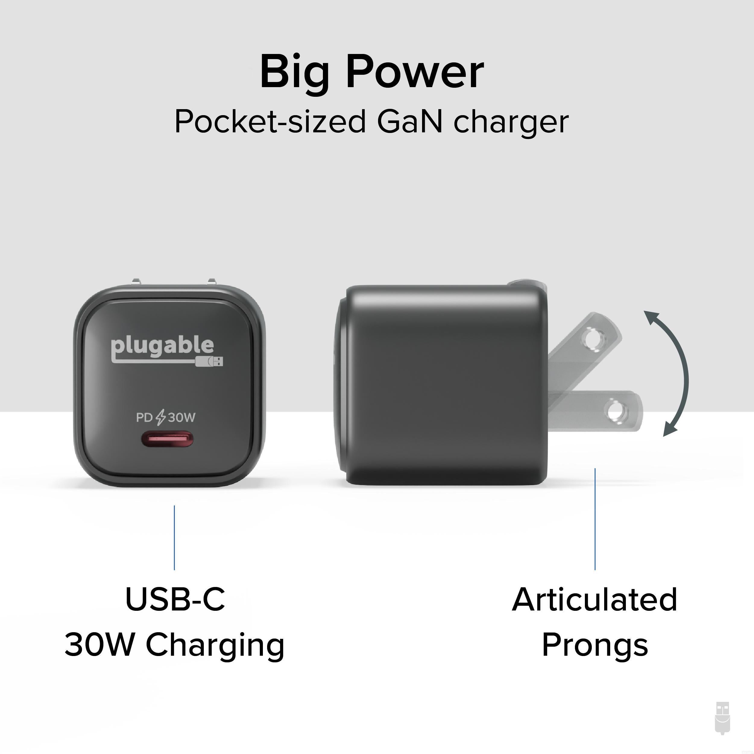 Plugable GaN USB C Charger Block 30W Fast Charging Adapter - Compact & Powerful Wall Charger for iPhone 15/14/13, Samsung Galaxy, iPad, MacBook - Perfect for Travel, Office & Home Use