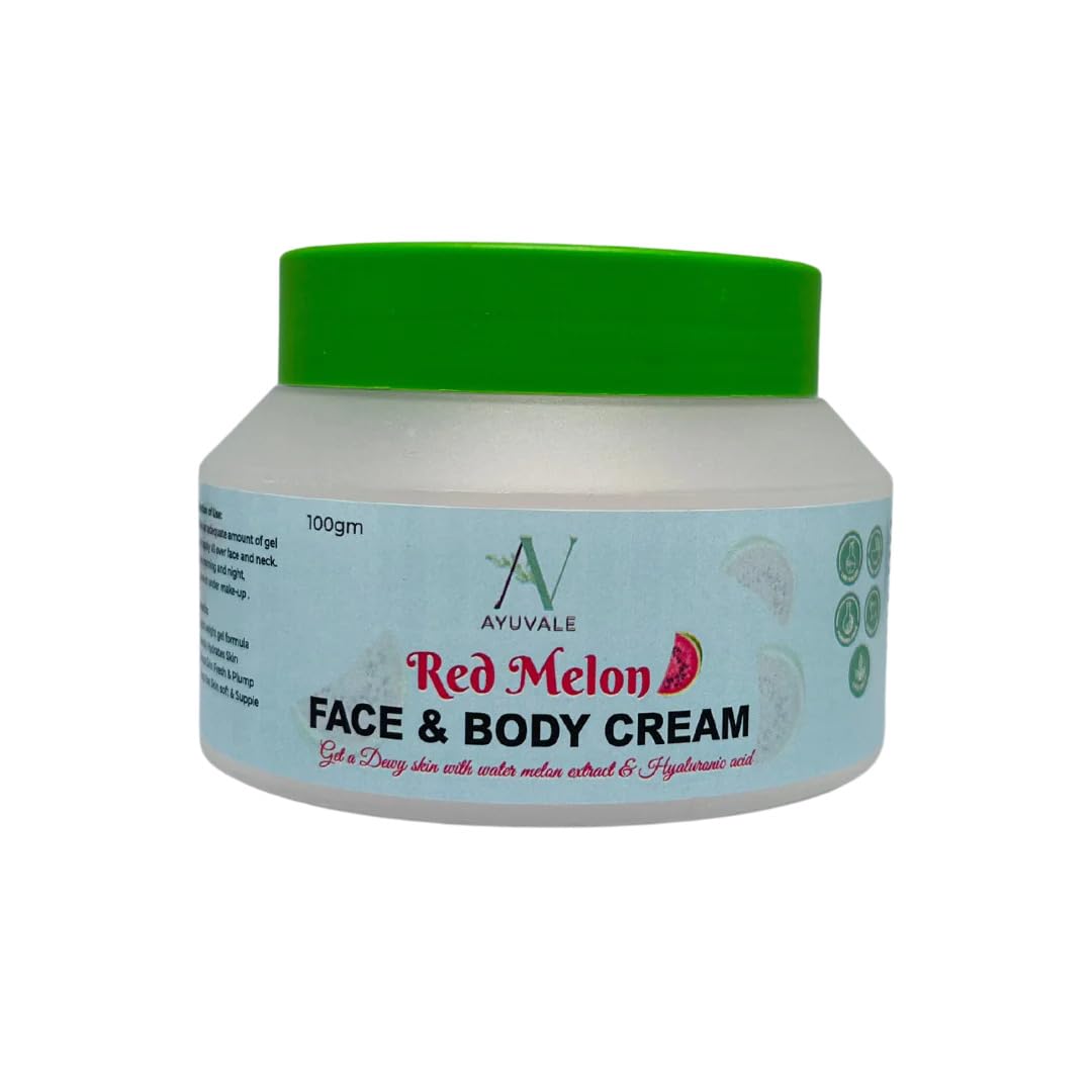AYUVALE Red Melon Face & Body Cream - Watermelon Infused Moisturizer for Soft, Nourished Skin | Non-Greasy, 100% Natural Formula (100Gm) | Perfect for Daily Hydration & Post-Sun Care