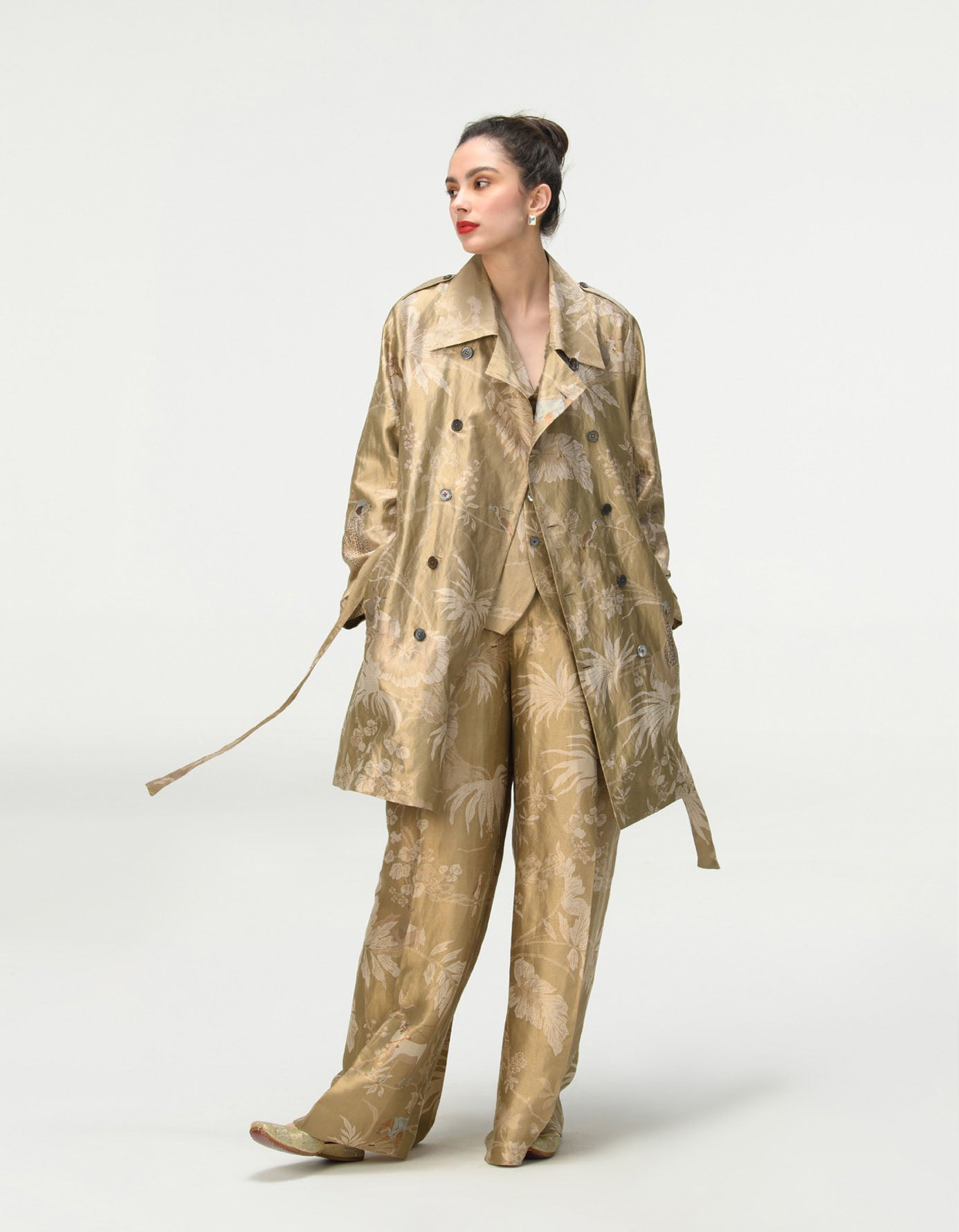Elegant Trench Coat in Silk Brocade - Oyster Grey Color | Perfect for Formal Events, Weddings & Office Wear