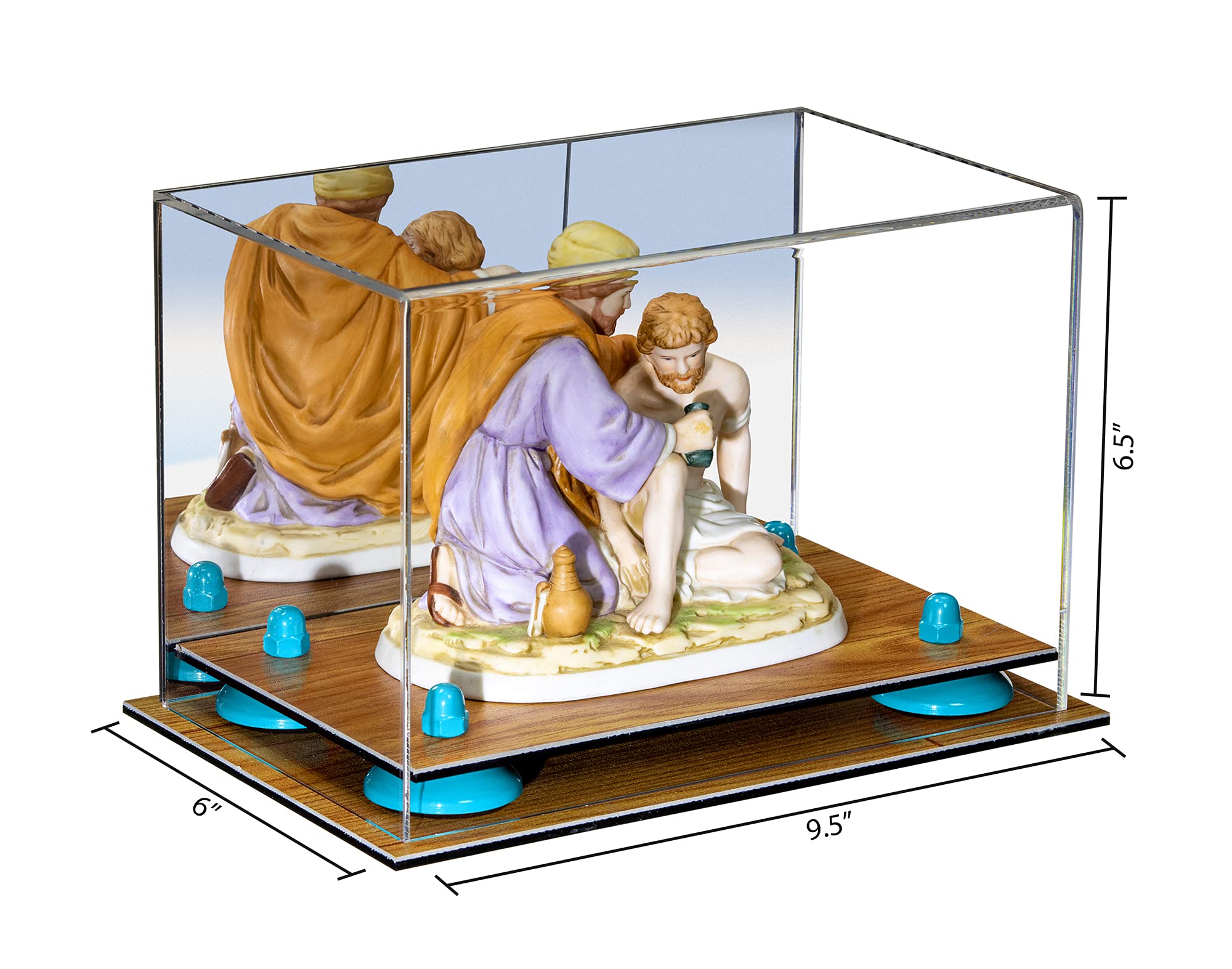 Acrylic Mirrored Display Case with Light Blue Risers & Wood Base - 9.5