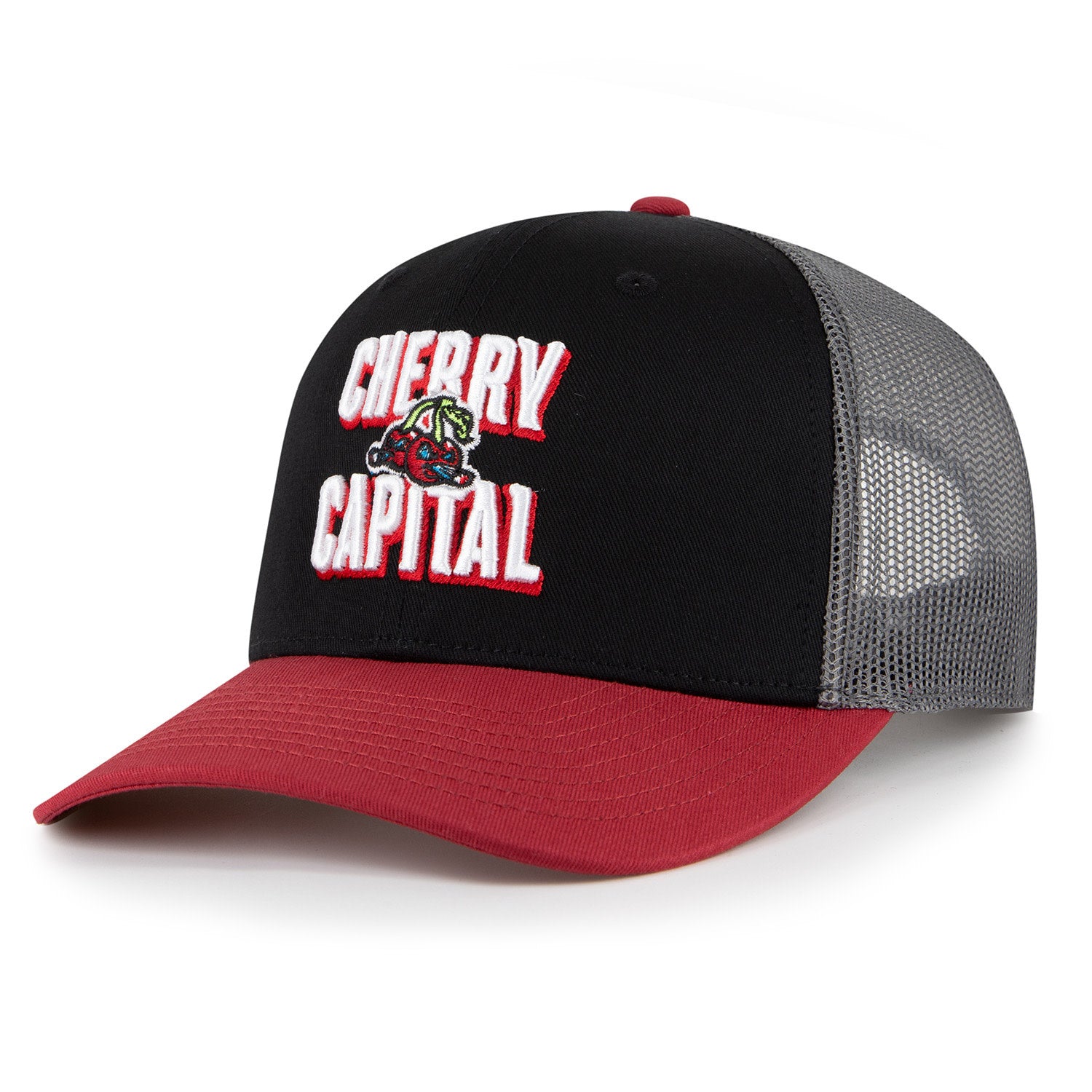 Everyday Trucker Snapback Hat - Cherry Capital Black/Charcoal/Red Adjustable Baseball Cap for Men & Women - Perfect for Casual Wear, Outdoor Activities & Sports Events