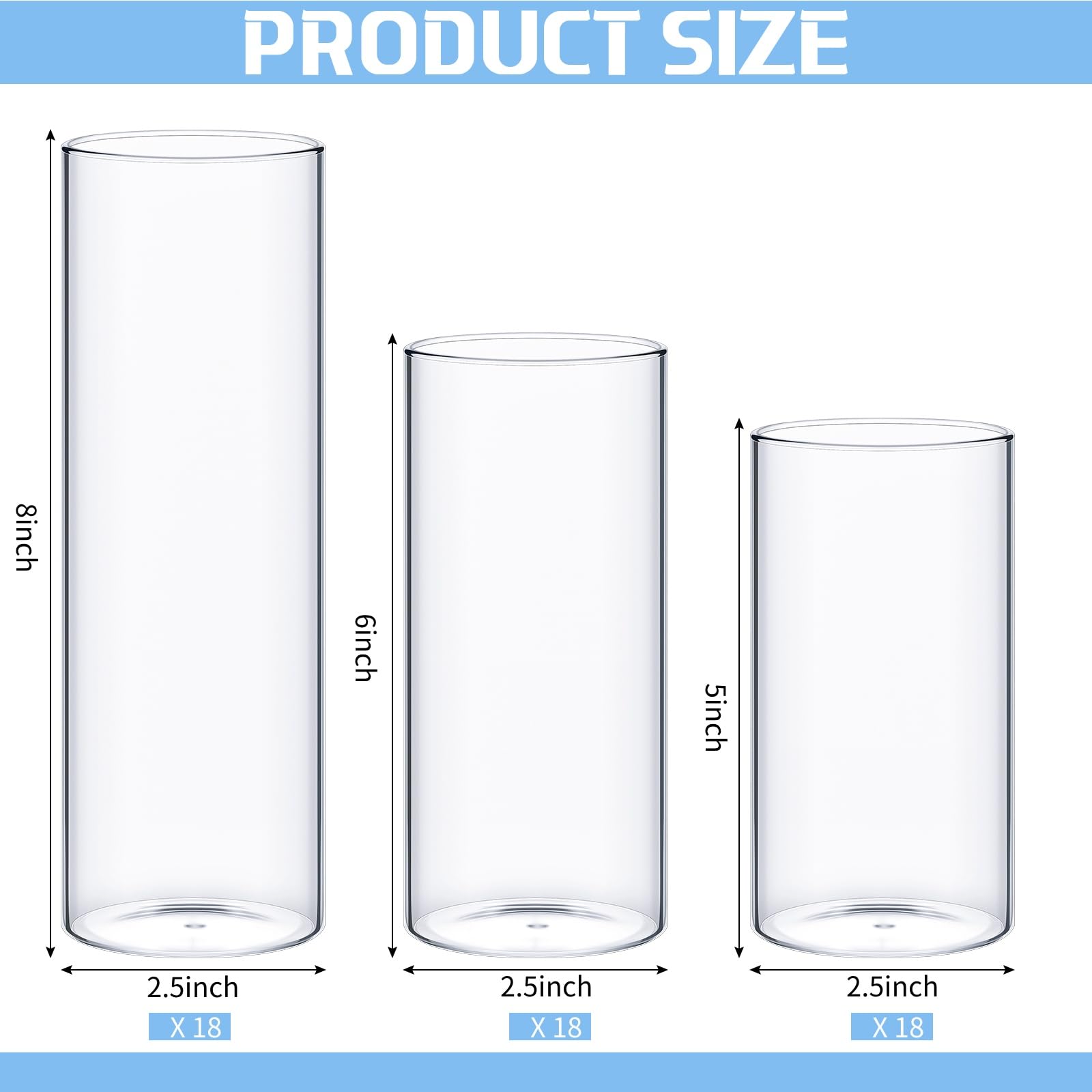 54 Pcs Clear Glass Cylinder Vases - 5,6,8,10 Inch Tall Flower Vases for Centerpieces, Hurricane Candle Holders - Bulk Wedding, Home Decor (2.5