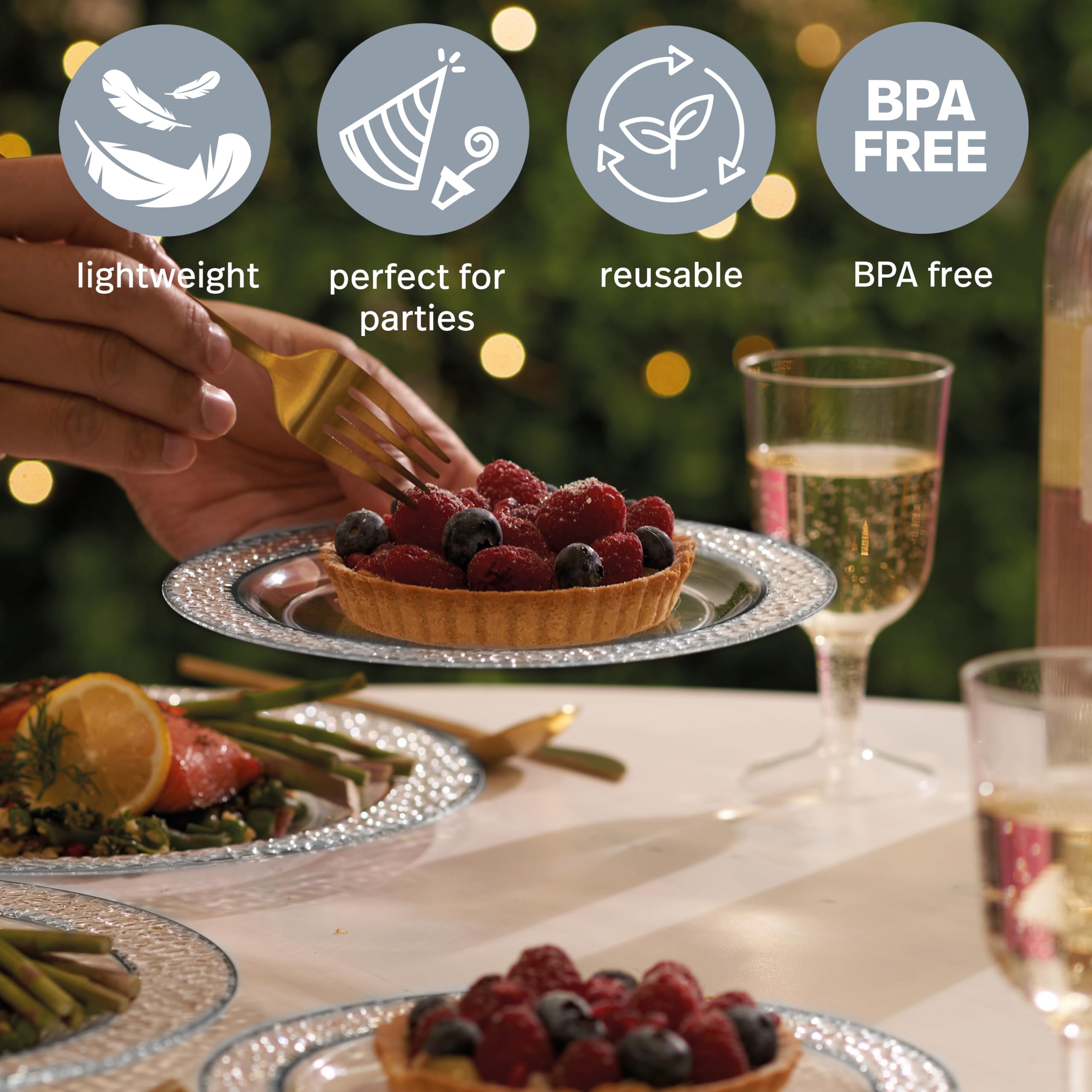 MATANA 20-Pack 7.5 Inch Clear Reusable Plastic Party Plates with Hammered Silver Rim - Heavy Duty Dinner Plates for Wedding, Bridal Shower, Birthday Party, Baby Shower & Special Events - Elegant Disposable Tableware for Indoor/Outdoor Celebrations