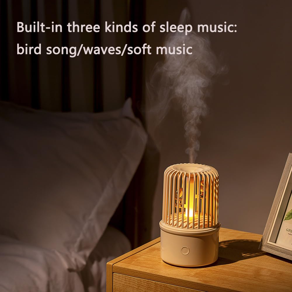Mini Humidifier for Bedroom & Office - Cute Bird Cage Design with 3 Musical Modes, Warm Night Light & Aromatherapy Diffuser | Portable Essential Oil Humidifier for Nightstand, Desk, Travel, Plants | Perfect for Relaxation, Sleep Aid & Home Decor
