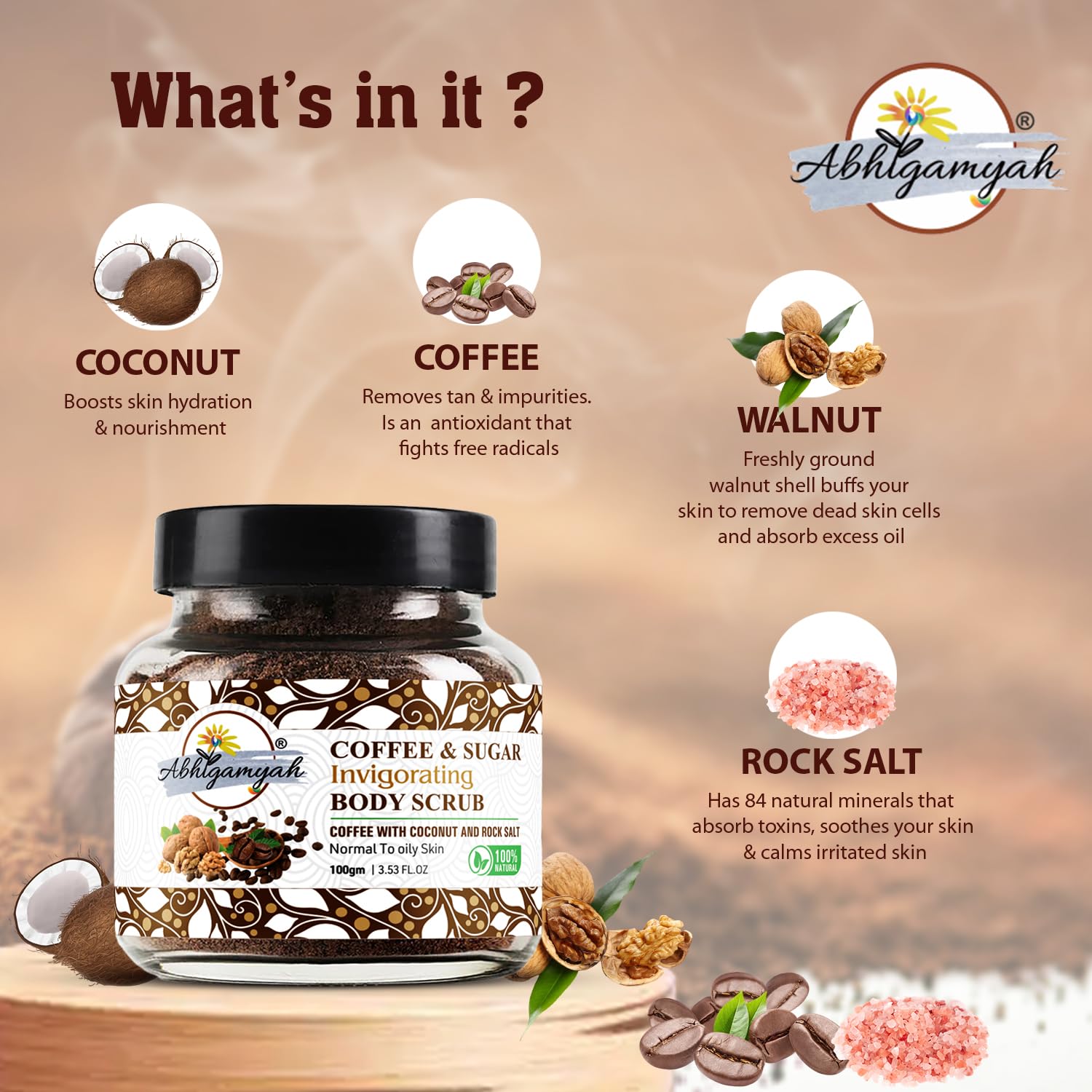 Abhigamyah Coffee & Sugar Body Scrub - Exfoliating Face & Body Scrub with Walnut Shell for Tan Removal - 8oz (Pack of 1) - Perfect for Spa Day & Post-Sun Care