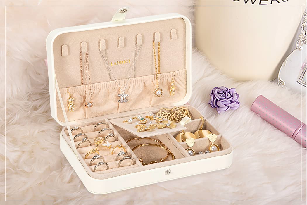 LANDICI Small Jewelry Box for Women & Girls - PU Leather Travel Jewelry Organizer Case with Storage Compartments for Rings, Earrings, Necklaces & Bracelets - Perfect Gift for Her, Kids & Men - Portable Jewelry Display Holder for Travel, Home & Office - White