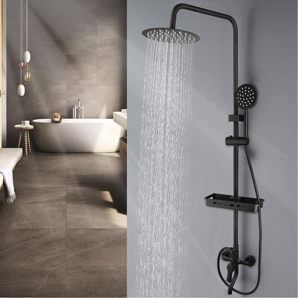 KECTIAKL Matte Black Outdoor Shower System - 8 Inch Rainfall Shower Head with 3 Spray Modes, Wall Mounted Bathroom Shower Fixtures Set Including Shower Caddy - Perfect for Backyard, Poolside, and RV Use