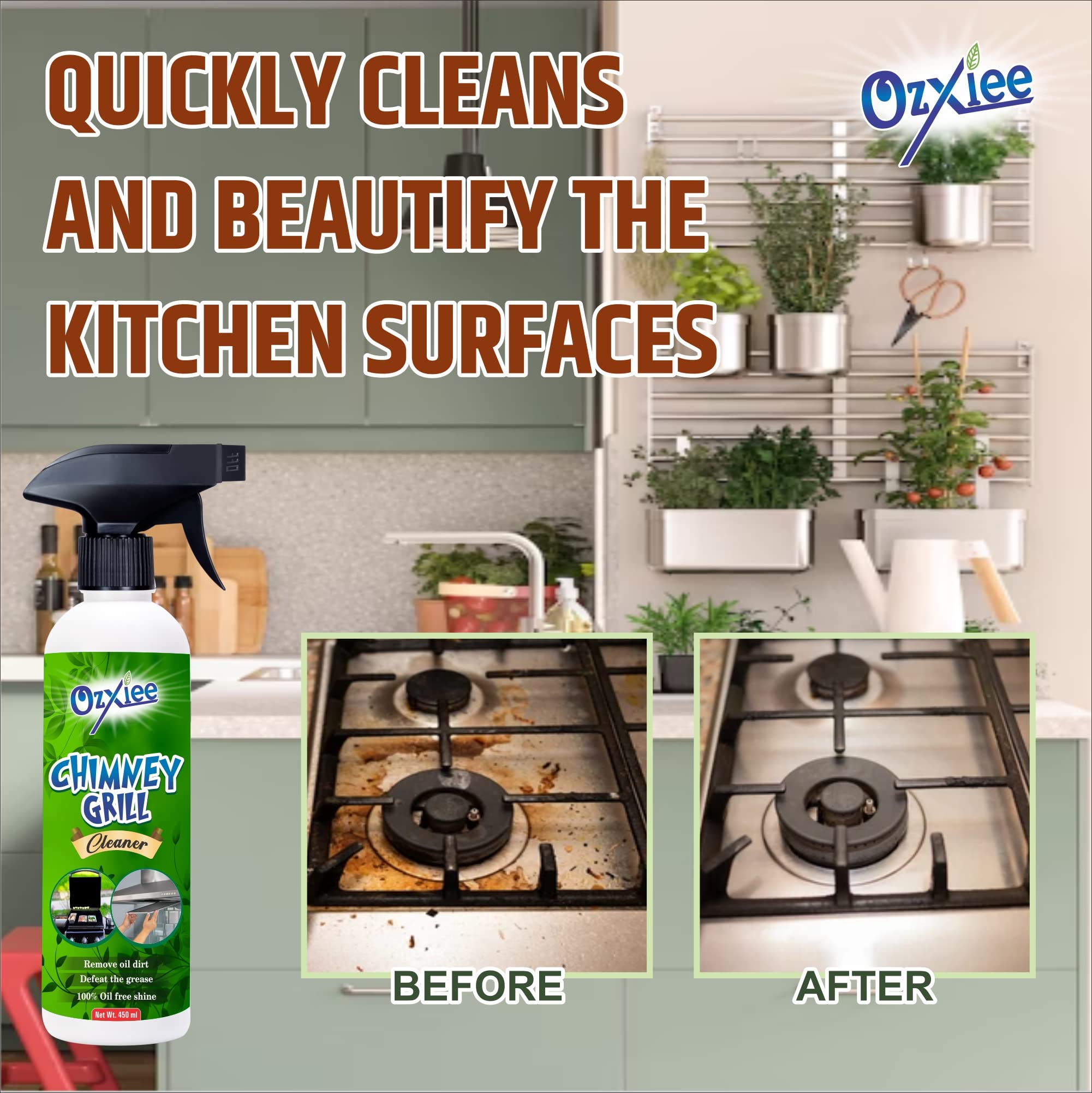 Ozxiee Chimney & Grill Cleaner Spray (450ml) - Heavy-Duty Kitchen Degreaser for Chimneys, Microwaves, Grills, Gas Stoves, Exhaust Fans & Deep Fryers | Removes Tough Grease & Oil | Ideal for Home & Commercial Kitchens