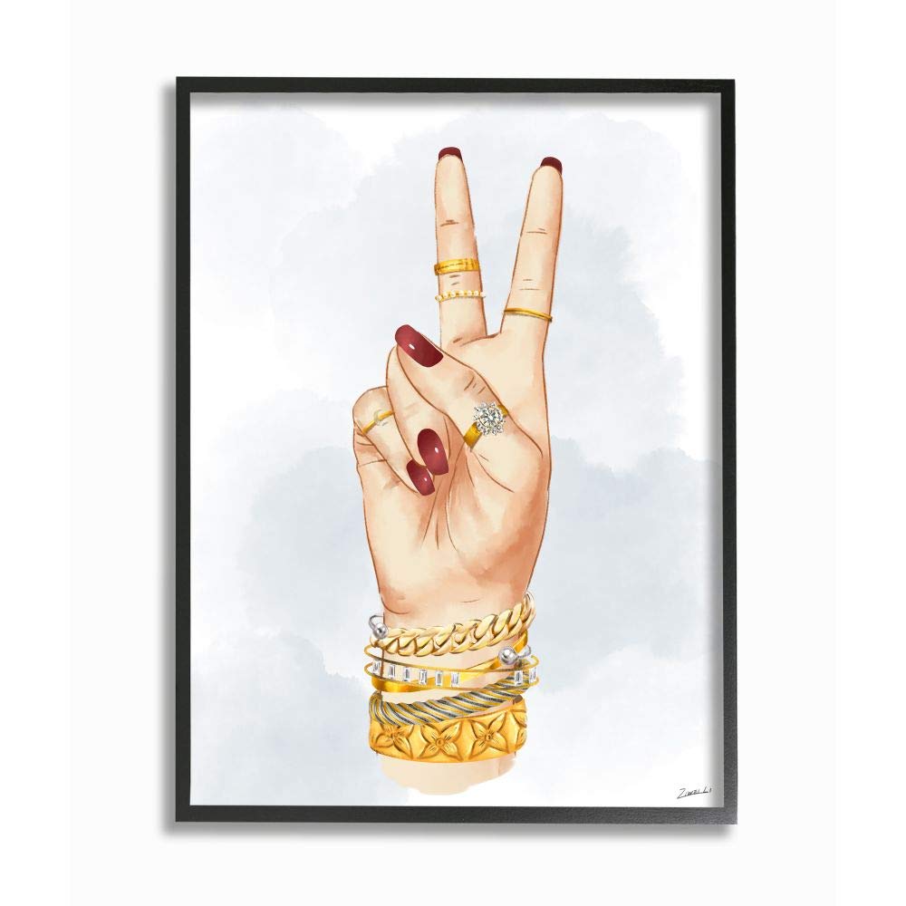 Stupell Industries Fashion Forward Peace Hand Sign Wall Art with Golden Accessories - 16x20 Inches, White Framed Decor for Living Room, Bedroom & Office