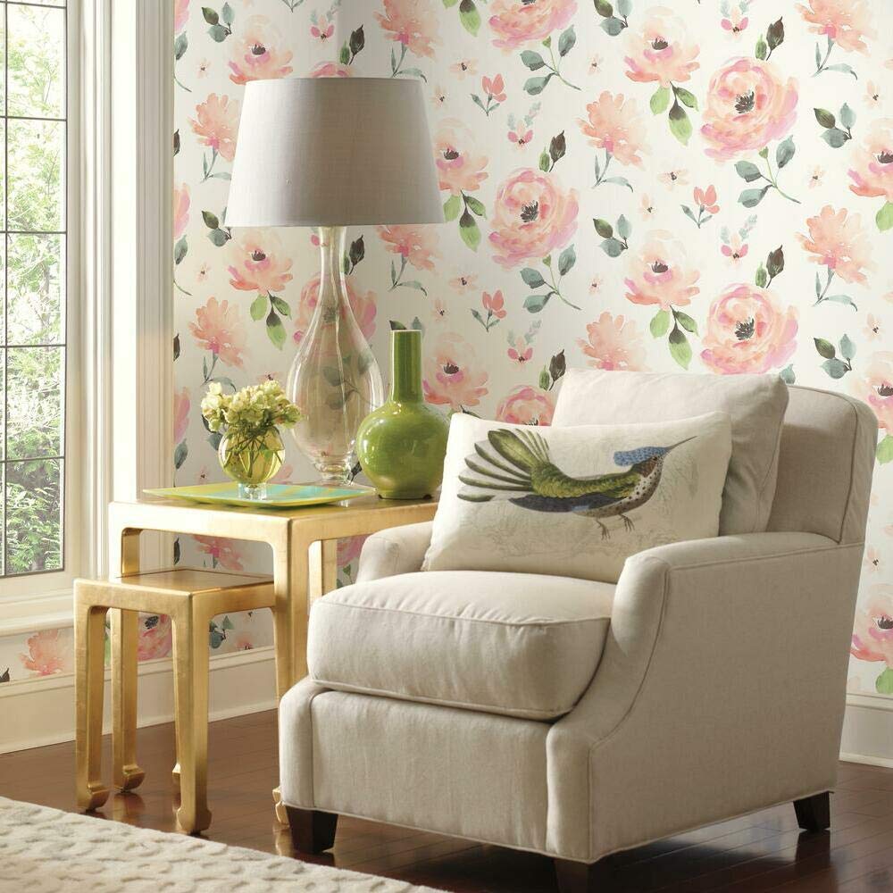 York Wallcoverings Watercolor Blooms Coral Premium Peel and Stick Wallpaper - Self-Adhesive Removable Wallpaper for Bedroom, Living Room, Nursery & Office Decor