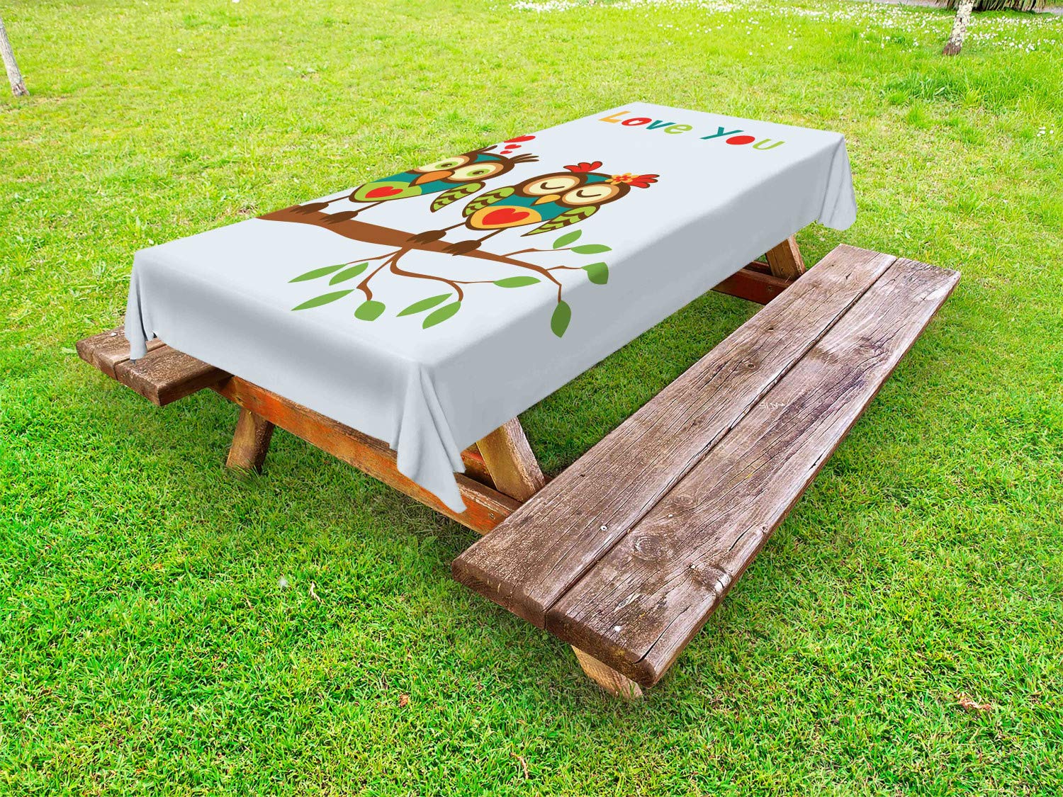 Ambesonne Romantic Outdoor Tablecloth - Colorful Abstract Owls on Branch with Love Quotes, Washable Picnic Table Cover 58x120 Inches, Multicolor - Perfect for Garden Parties, BBQs & Outdoor Dining Decor