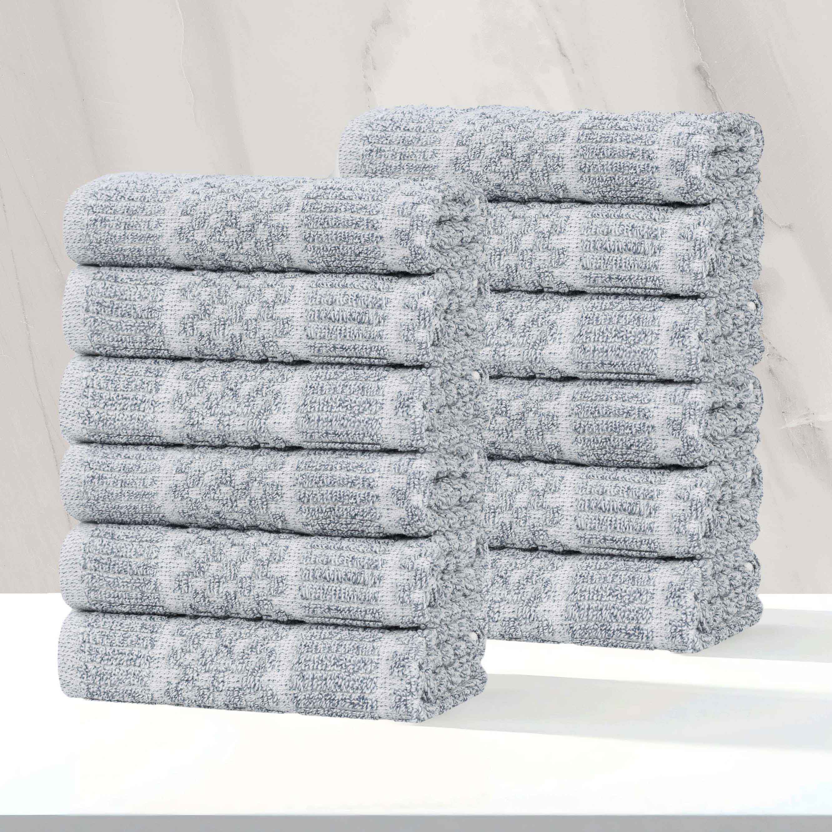 12-Pack Naples Cotton Blend Checkered & Ribbed Face Towels | Soft & Absorbent Bath & Hand Towels for Home, Gym, Spa & Travel