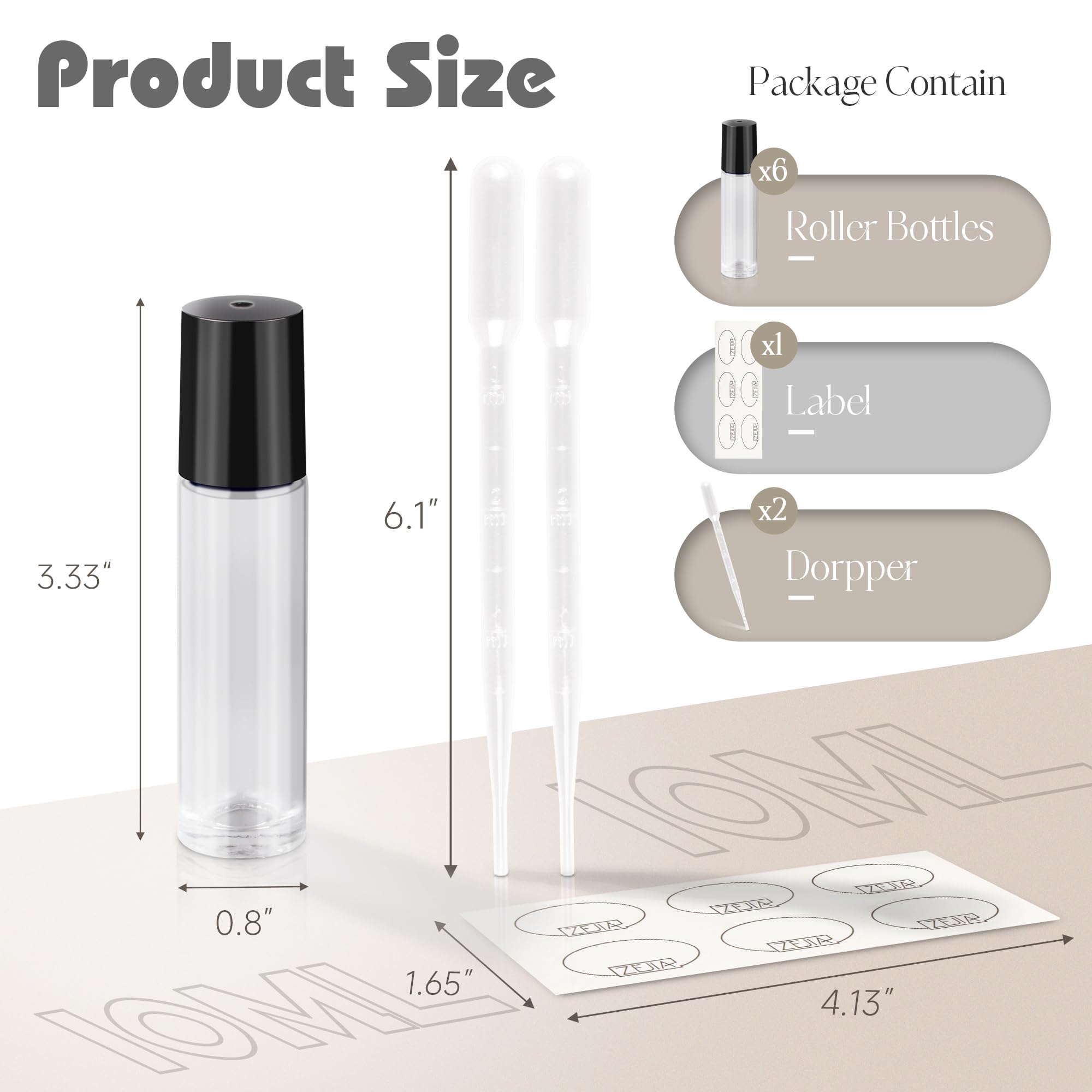 10ml Essential Oil Roller Bottles 6-Pack - Clear Thick Glass Bottles with Stainless Steel Roller Balls & 2 Droppers - Perfect for Aromatherapy, DIY Blends & Travel