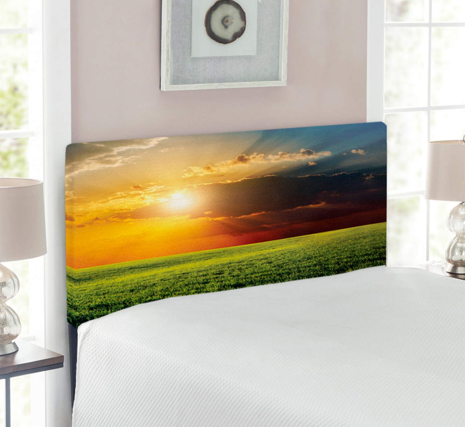 Ambesonne Rustic Upholstered Headboard - Twin Size, Green & Yellow Sunset Farm Field Scene with Memory Foam | Decorative Metal Bed Frame for Farmhouse, Cottage & Vintage Style Bedrooms