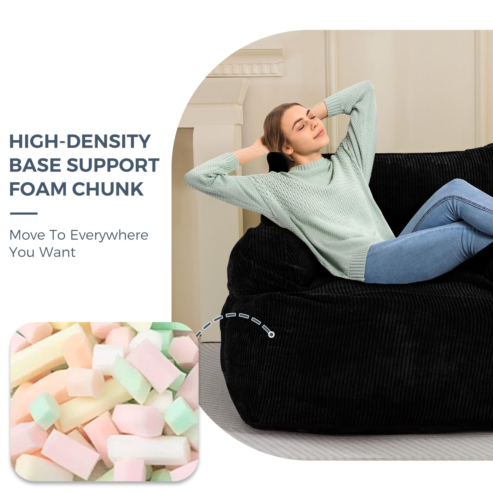 MAXYOYO Giant Bean Bag Chair - Oversized Stuffed Bean Bag Couch for Living Room, Bedroom & Game Room - Ultra Soft Black Lounge Chair for Adults & Teens - Perfect for Relaxing, Gaming & Movie Nights