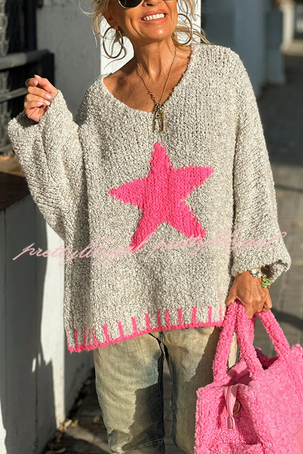 Cozy Winter Knit Sweater with Star Pattern & Contrast Colors - Loose Fit for Casual Outings, Holiday Gatherings & Cold Weather Fashion
