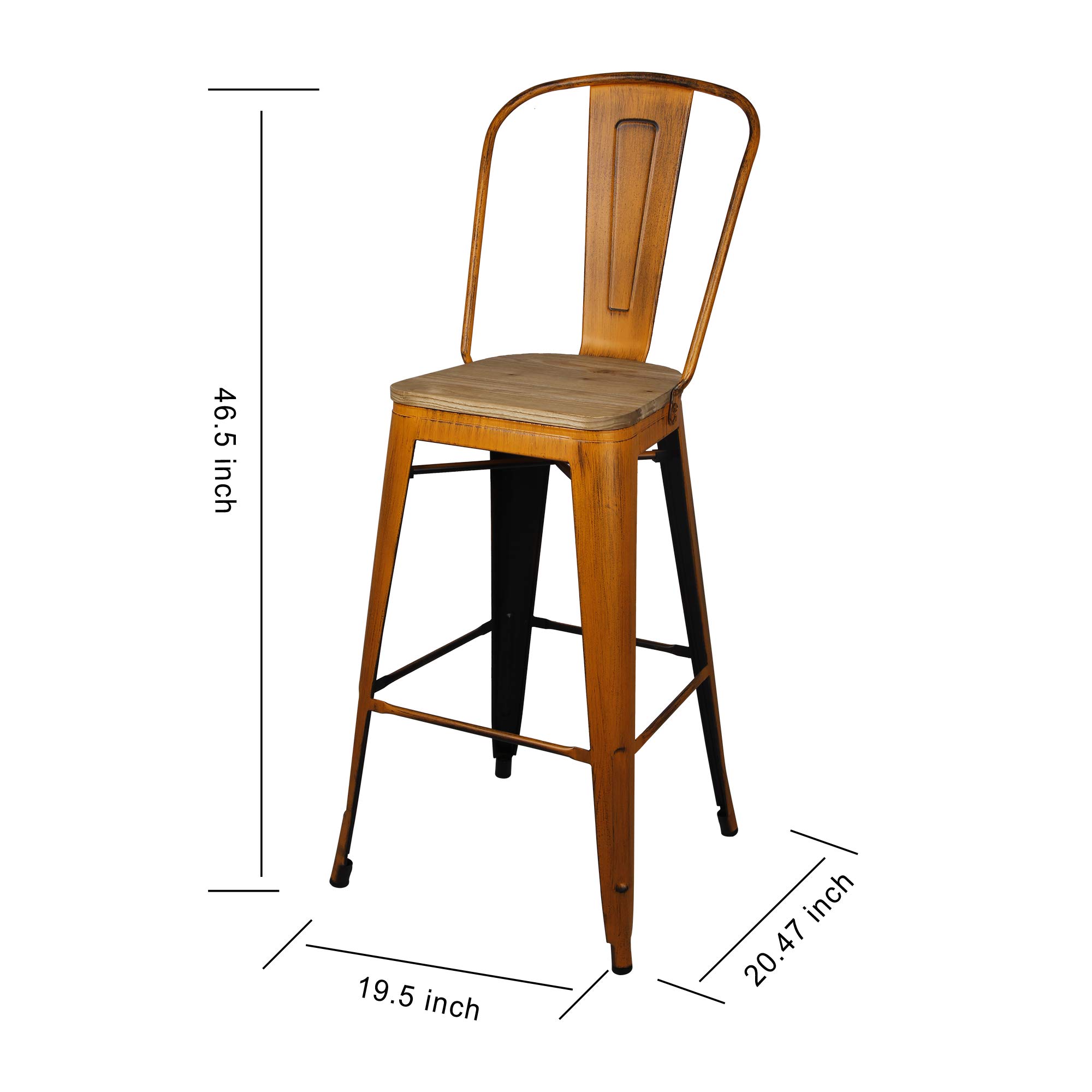 GIA High Back Armless Metal Bar Stools with Light Wood Seat - Set of 4 Antique Orange Counter Height Chairs for Kitchen Island, Breakfast Nook & Home Bar Decor