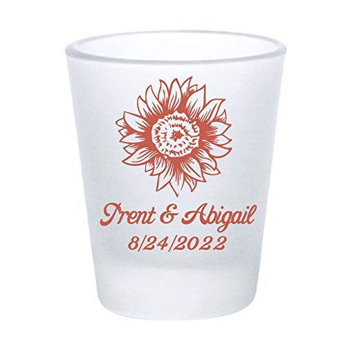 Personalized Frosted Wedding Shot Glasses - Sunflower Design Bulk Favors for Rustic Country Weddings - Perfect for Bridal Showers, Rehearsal Dinners & Wedding Reception Party Decor