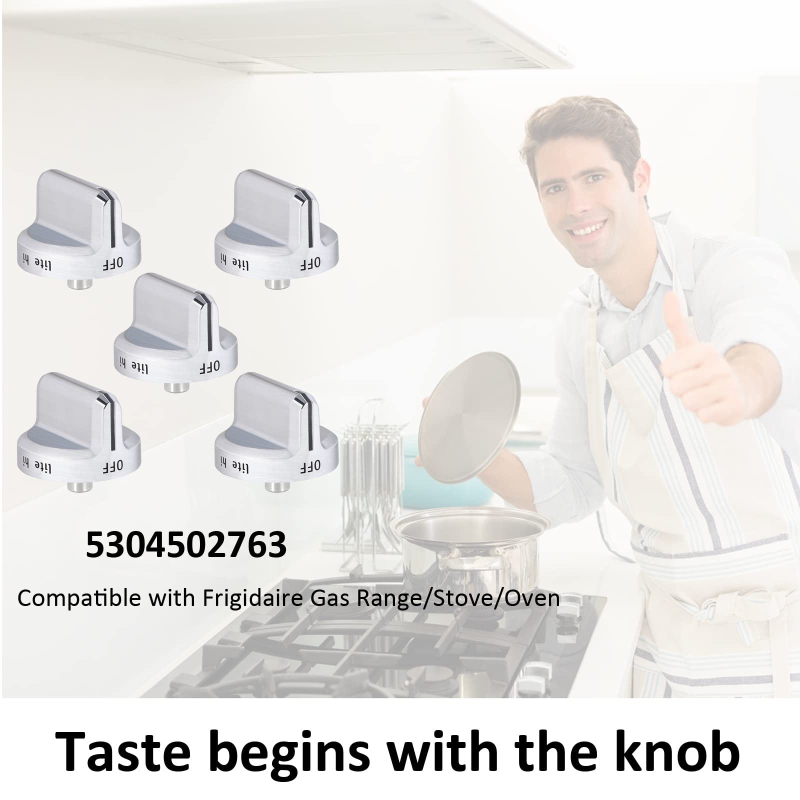 Premium 5304502763 Stove Knob Replacements - 5 Pack | Compatible with Frigidaire Gas Stove & Range Oven Knobs | Durable Stainless Steel Protection Ring | Replacement for AP5984069 | Ideal for Kitchen Upgrades & Appliance Repair