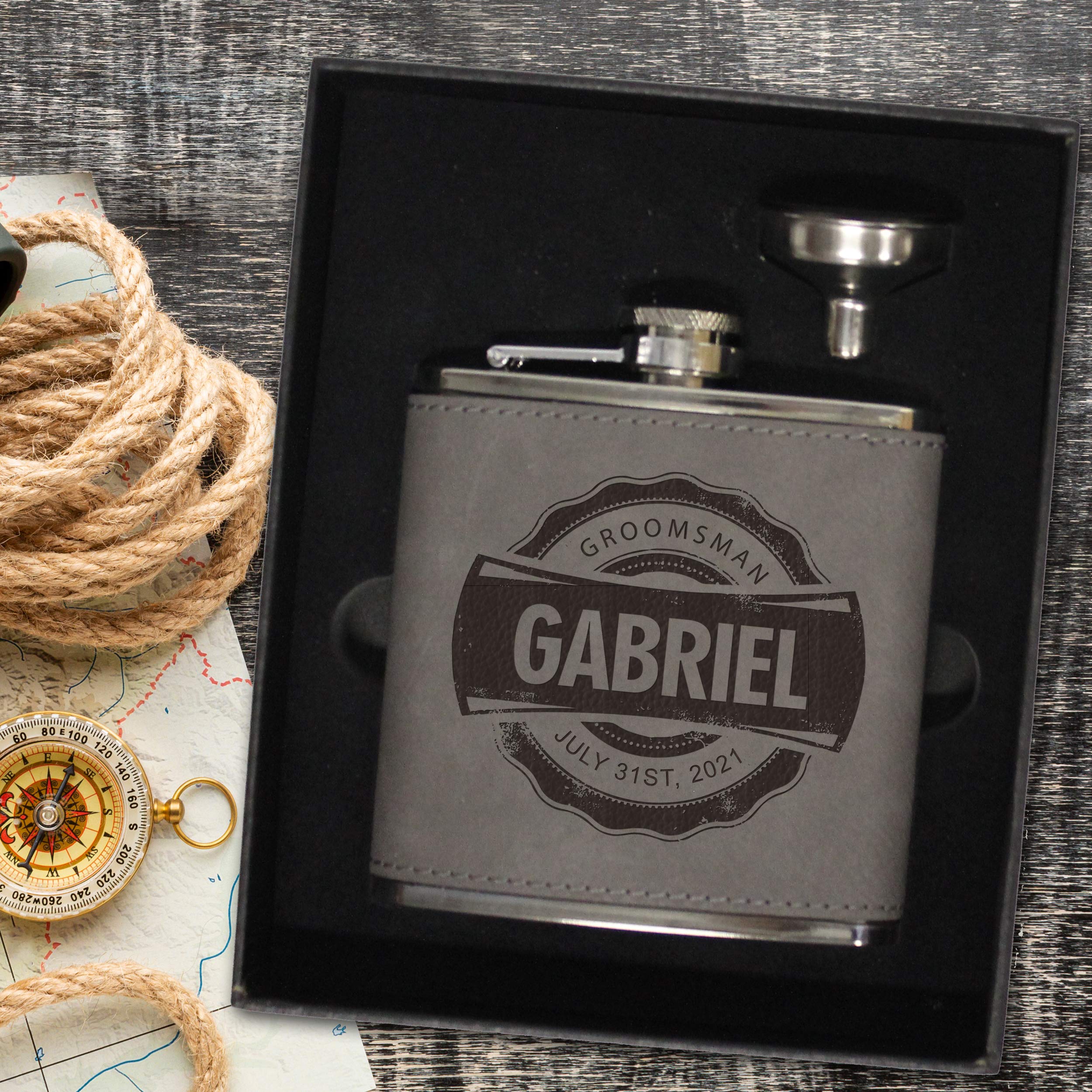 Custom Engraved Monogram Flask Gift Set with Funnel - Personalized Wedding Groomsmen Present - Gray Flask with Black Lettering - Perfect for Bachelor Parties, Anniversary Gifts & Special Occasions