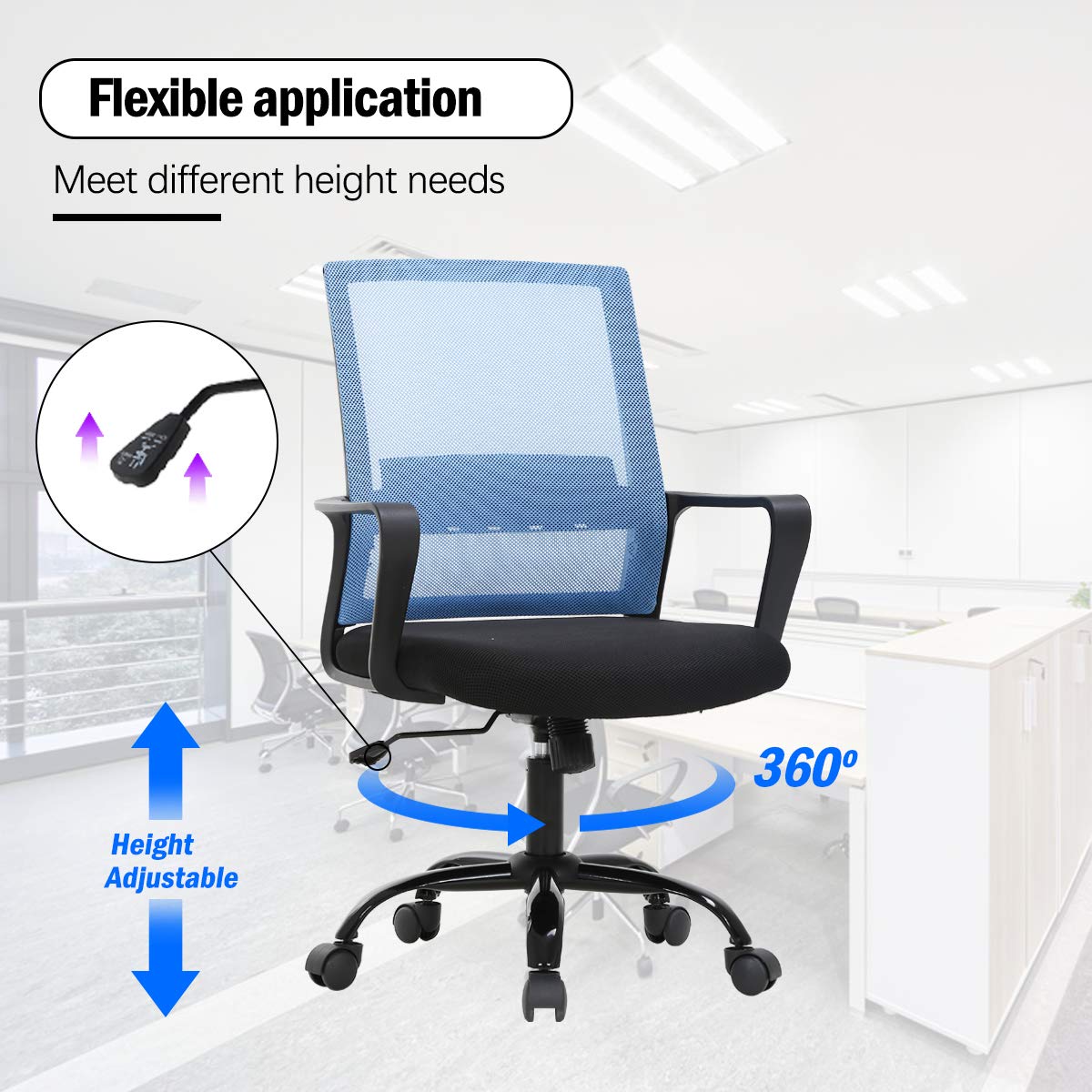 Ergonomic Office Chair - Adjustable Height Mesh Computer Desk Chair with Lumbar Support & Armrests - Modern Swivel Task Chair for Women & Men - Home Office, Gaming & Workspace (Blue)